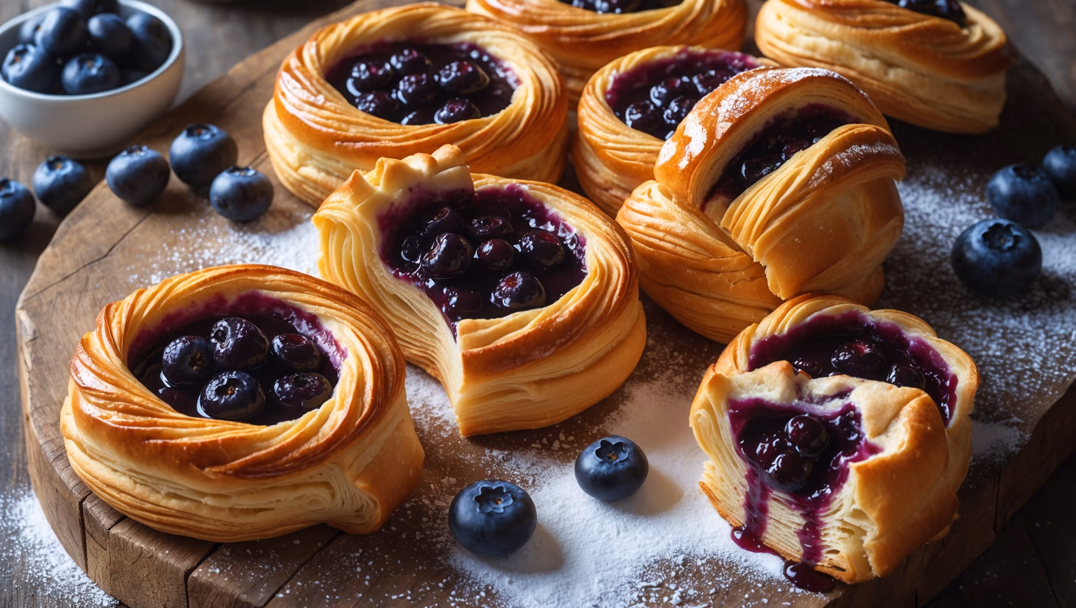 An overhead shot captures a dozen golden-brown Blueberry Danish pastries arranged on a weathered wooden board, their centers filled with glistening deep purple blueberry compote. Morning light streams across the scene, highlighting the flaky, laminated layers and crystallized sugar edges. A cross-section view reveals the intricate buttery layers within each Danish. Two pastries feature dripping vanilla glaze creating artistic patterns across their surfaces. In the background, a small bowl of fresh blueberries and a dusting of powdered sugar frame the composition, while steam rises gently from a freshly-baked batch, suggesting warmth and freshness.