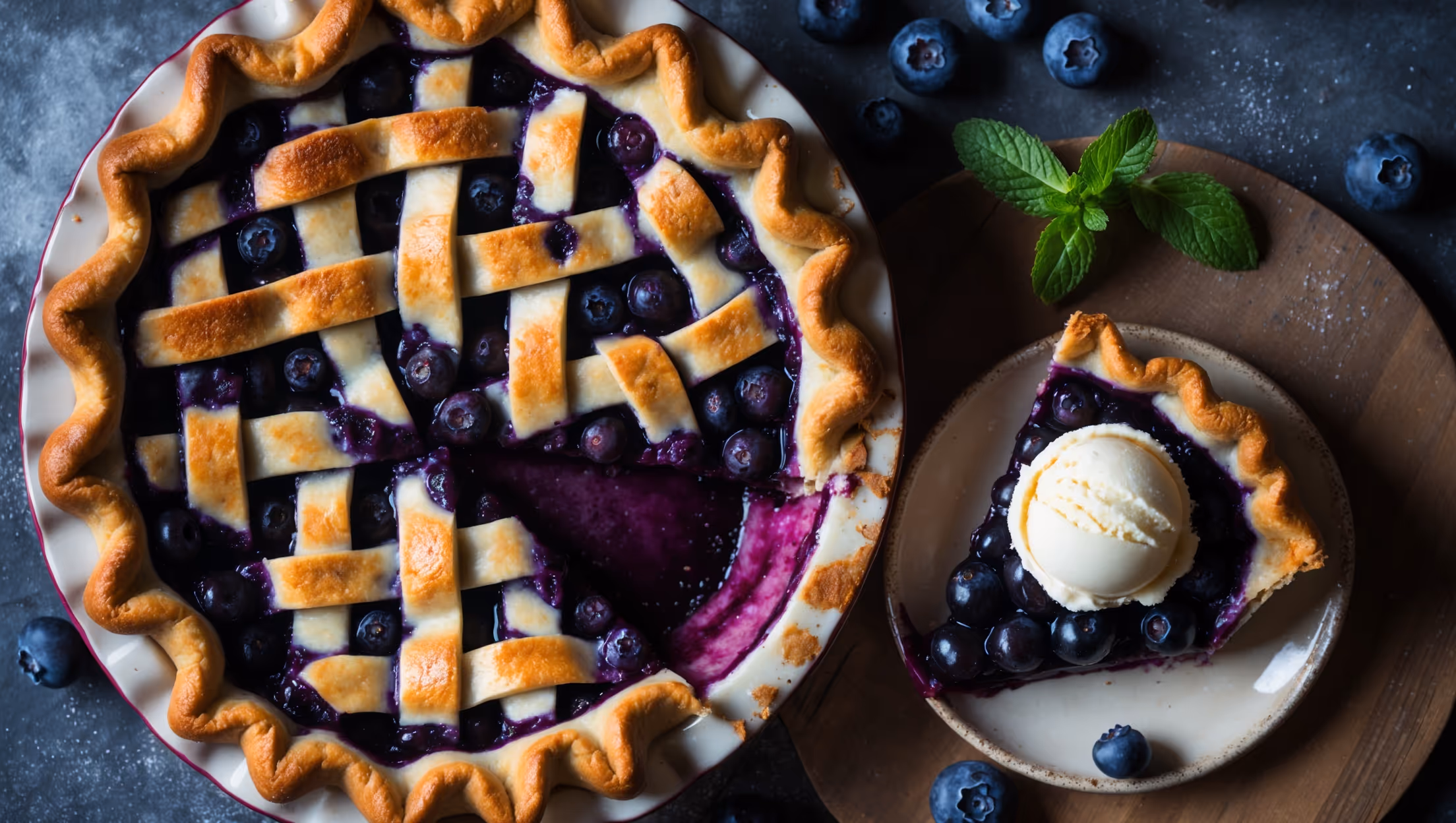 An overhead shot of a perfectly baked blueberry pie with a golden-brown lattice crust, capturing the vibrant purple-blue filling bubbling through the openings. The pie rests on a vintage ceramic stand against a backdrop of rustic wooden boards, with scattered fresh blueberries and a sprig of mint adding visual contrast. Soft natural light highlights the glistening sugar crystals on the crust while the cross-section reveals the perfect consistency of the filling – thick enough to hold its shape when sliced but still gloriously juicy. A scoop of vanilla ice cream slowly melts beside a slice, creating a tantalizing temperature contrast that emphasizes the pie's warmth.