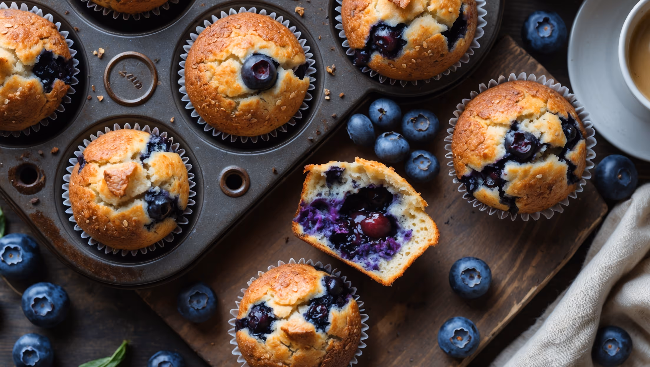 Overhead shot of freshly baked blueberry muffins in a rustic muffin tin, some removed and placed on a weathered wooden board. Natural morning light streams in, highlighting the golden brown domed tops with their crackling sugar crust and visible bursts of deep purple blueberries. A cross-section of one muffin reveals a light, tender crumb studded with plump berries that have created pockets of jammy sweetness throughout. Scattered fresh blueberries and a vintage linen napkin frame the scene, while a steaming cup of coffee suggests the perfect pairing for these breakfast treats.