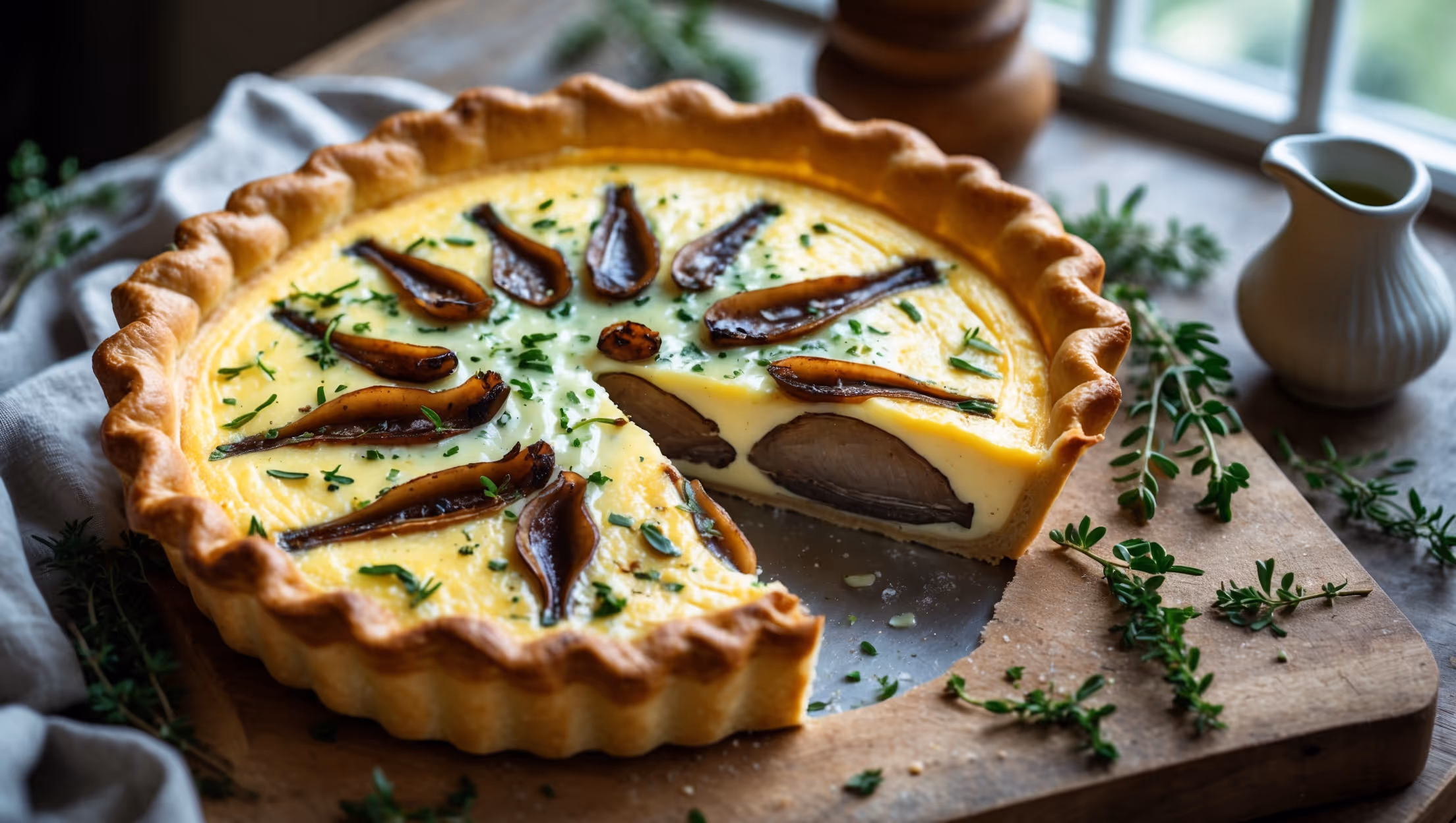 An overhead shot of a golden-brown quiche with a perfectly flaky crust, sliced to reveal a creamy interior studded with glistening bone marrow and caramelized shallots. Soft natural light streams in from a nearby window, highlighting the delicate herb oil drizzled in emerald green swirls across the surface. A rustic wooden board supports the quiche, scattered with fresh thyme and rosemary sprigs, while a small ceramic pitcher of additional herb oil sits nearby. The cross-section view shows the contrast between the buttery pastry, silky custard filling, and pockets of roasted bone marrow, with subtle specks of herbs throughout.