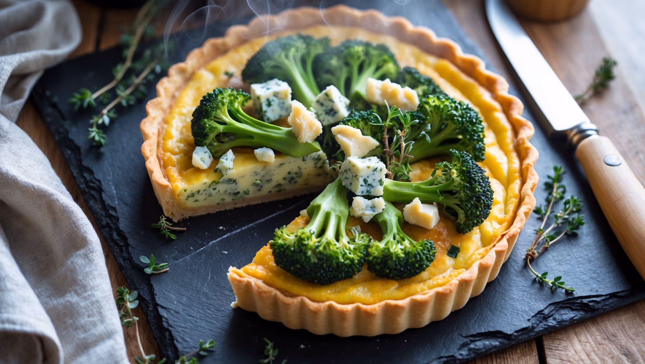 An overhead shot of a golden-brown Broccoli and Stilton Tart with a perfectly crimped edge, captured in soft natural light on a slate serving board. The cross-section reveals a vibrant green layer of tender broccoli beneath a creamy custard filling speckled with melted Stilton cheese. Crumbles of additional blue cheese garnish the top alongside a few fresh thyme sprigs, creating a rustic yet elegant presentation. Steam rises gently from the just-cut slice, emphasizing the tart's warmth while a wooden serving knife and linen napkin sit artfully beside it.