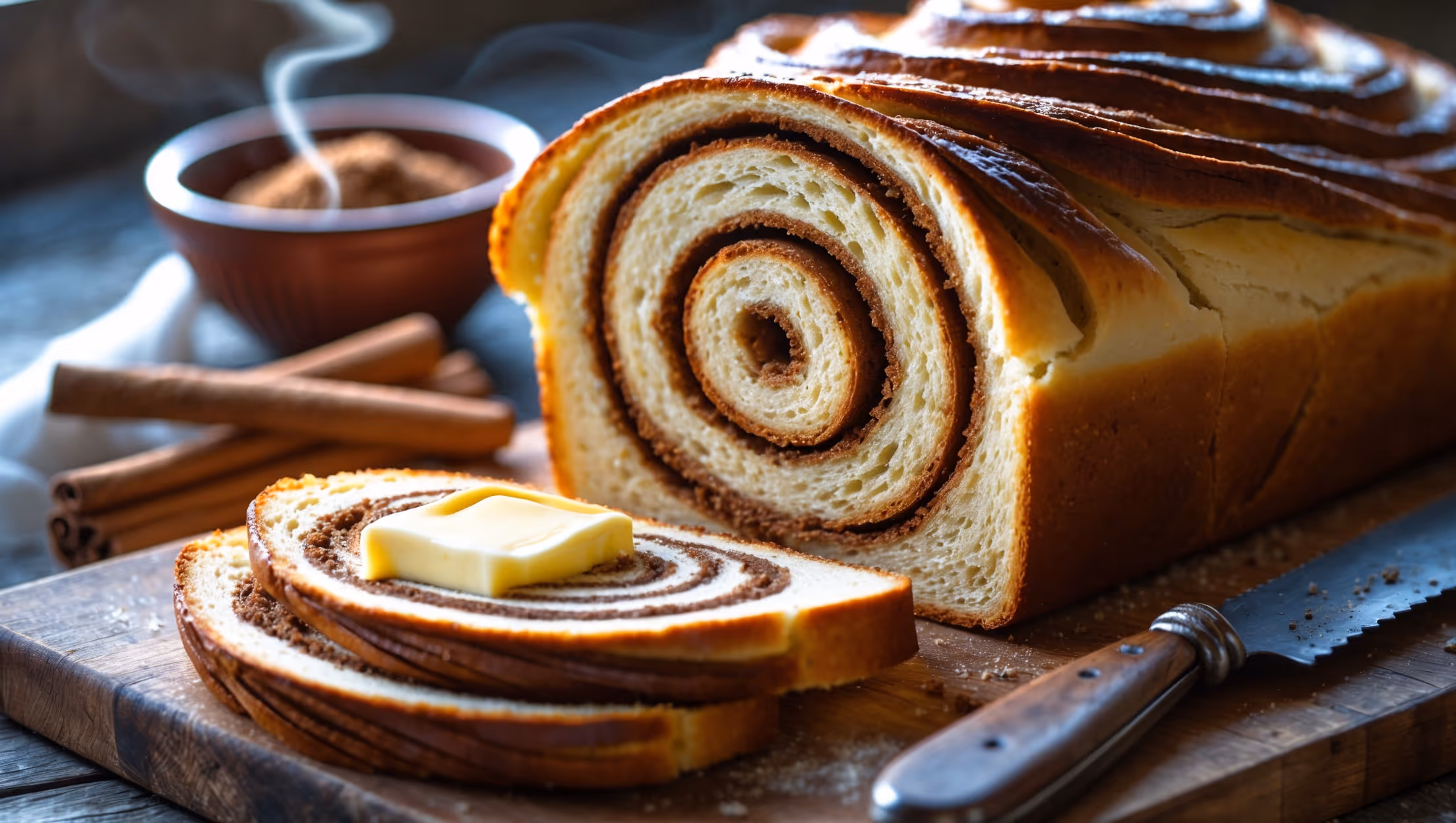 A cross-section view of the Cinnamon Swirl Bread revealing perfect spiral layers of golden-brown dough and dark cinnamon swirls against a rustic wooden cutting board. Soft natural morning light highlights the bread's tender crumb and glossy top crust while accentuating the delicate pattern of cinnamon spirals. A pat of melting butter pools slightly on a freshly cut slice, with scattered cinnamon sticks and a small bowl of cinnamon sugar visible in the background. Steam rises gently from the warm loaf, suggesting it's been freshly baked, with a vintage bread knife resting alongside.