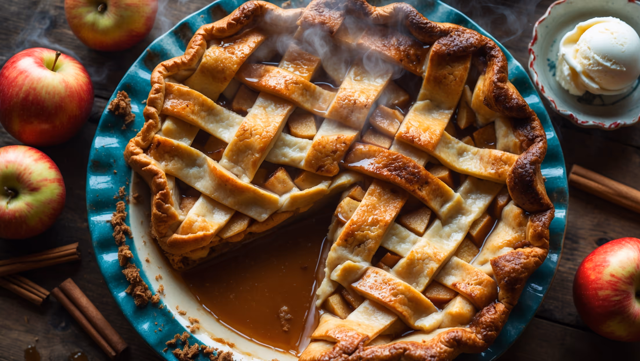An overhead shot of a golden-brown Classic Apple Pie with a lattice crust showing caramelized sugar crystals catching the soft natural light. Steam gently rises from a freshly cut wedge revealing layers of tender cinnamon-speckled apples, their juices forming a rich amber sauce. The pie rests on a vintage ceramic plate atop a rustic wooden table, with scattered fresh apples, cinnamon sticks, and a small bowl of vanilla ice cream slowly melting against the warm slice. The crust exhibits a perfect flaky texture with visible butter layers, while the filling maintains its structure without being runny.