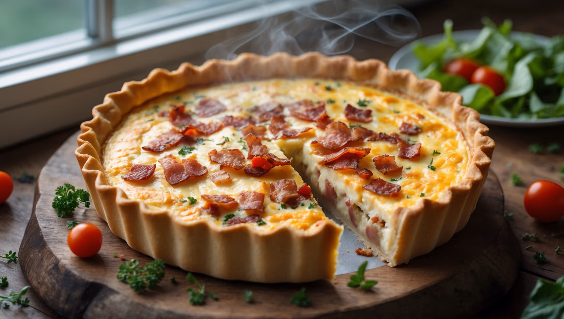 Overhead shot of a golden-brown quiche with a perfectly crimped edge, sliced to reveal its creamy custard interior studded with crispy bacon pieces and melted Gruyère cheese. The cross-section shows layers of filling suspended in the rich, set custard against the crisp, flaky pastry base. Captured in soft natural light streaming through a kitchen window, the quiche rests on a rustic wooden board with scattered fresh herbs, a few cherry tomatoes, and a simple green salad alongside. Steam gently rises from the freshly cut piece, highlighting the quiche's warmth and inviting texture.