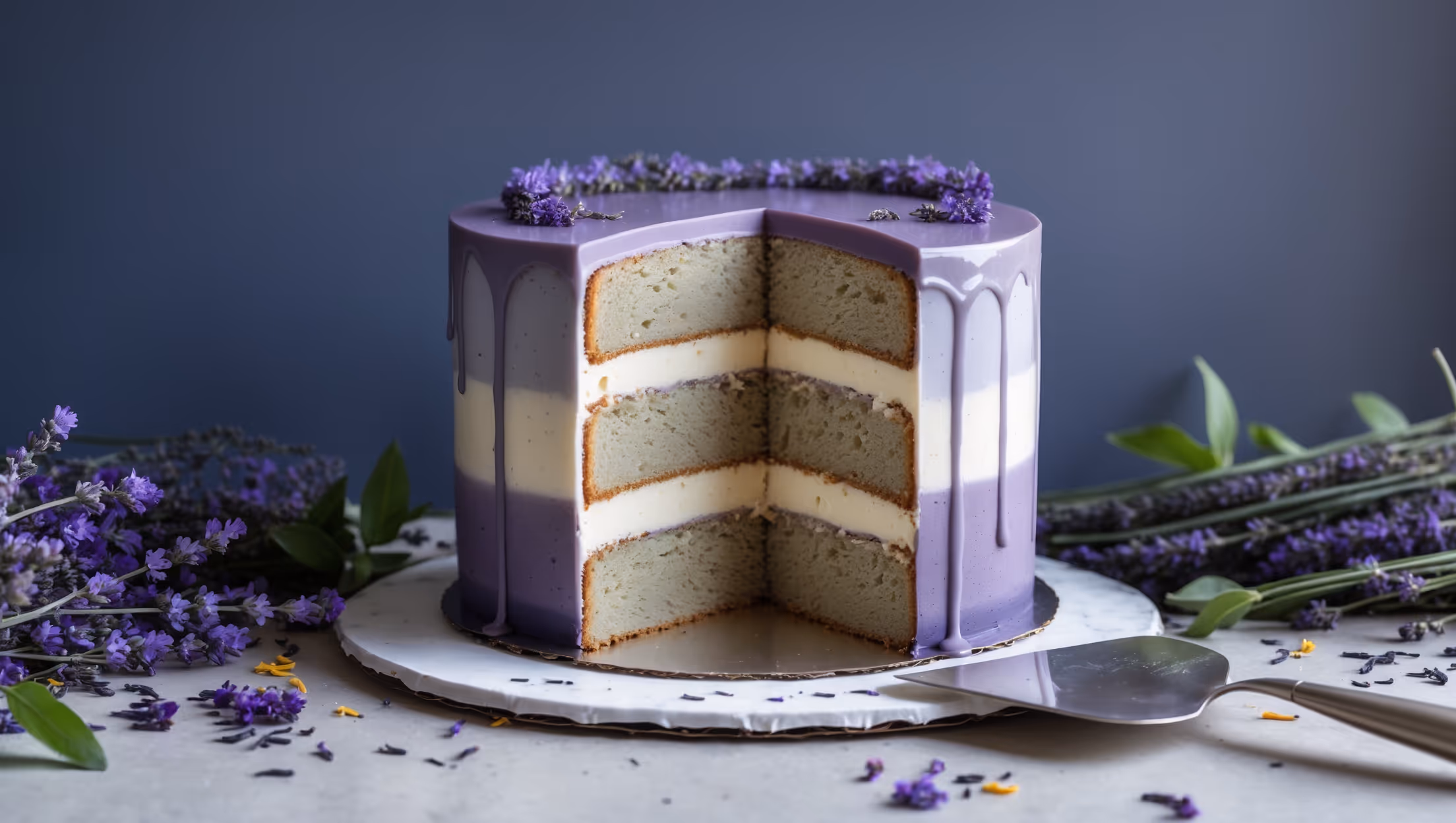 An elegant three-layer cake photographed in soft natural daylight against a matte navy backdrop, capturing the delicate gray-purple tones of the Earl Grey-infused sponge. A cross-section view reveals perfectly even cake layers separated by creamy bergamot buttercream that's flecked with specks of tea leaves. The top features a glossy lavender-tinted glaze that drips artfully down the sides, with fresh lavender sprigs and dried edible flowers scattered around the cake stand. A vintage silver cake server rests nearby, with a perfectly sliced wedge revealing the cake's moist, tender crumb and the subtle gradient of tea-stained layers that become deeper in color toward the bottom.