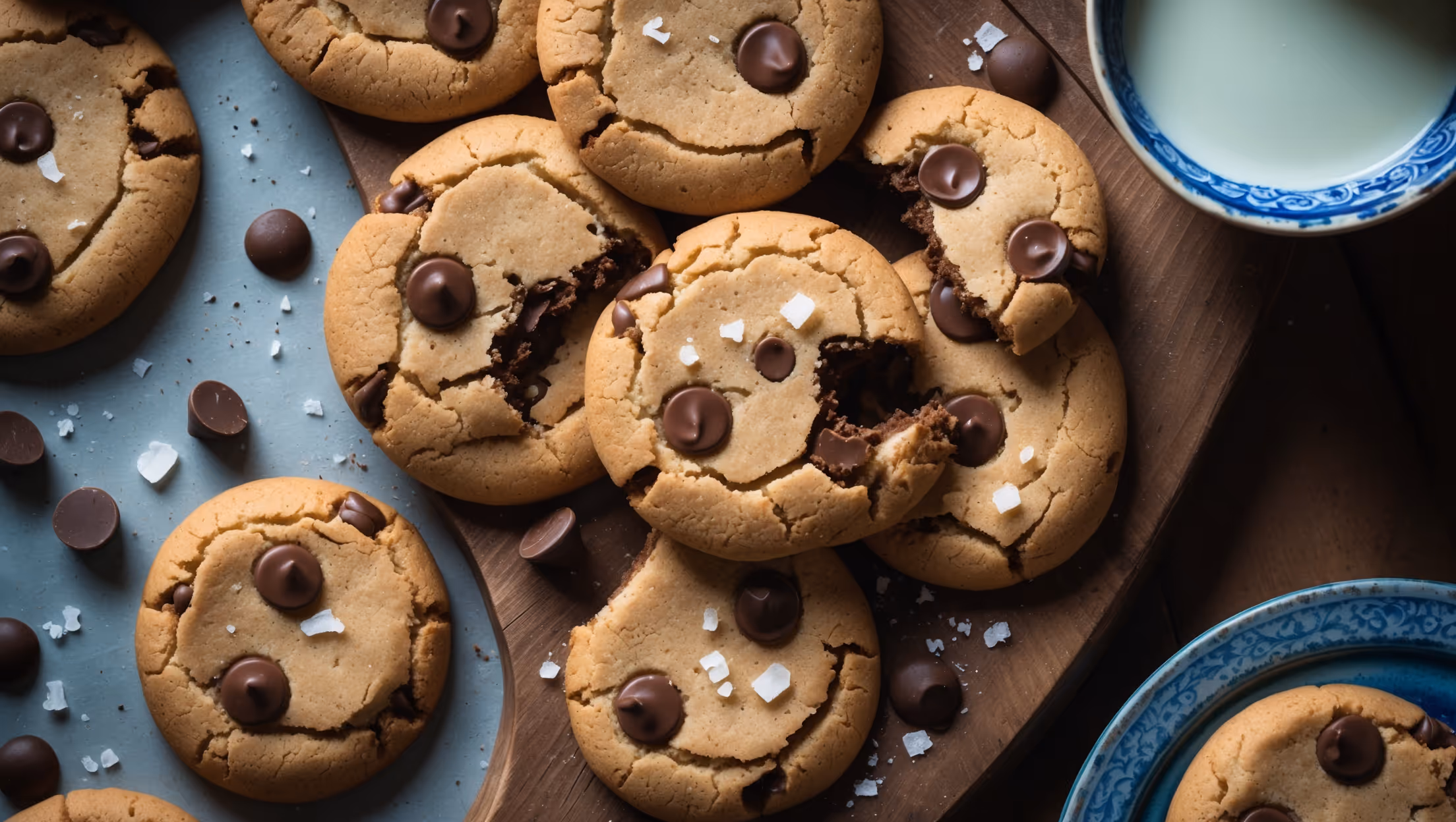 An overhead shot captures a rustic wooden board where freshly baked gluten-free chocolate chip cookies are arranged in an inviting cluster, some whole and some broken to reveal pockets of melted chocolate. Shot in warm natural light that highlights the golden-brown edges and slightly crackled tops. Close-up details show the textural contrast between the crisp exterior and soft interior, while scattered chocolate chips and a light dusting of flaky sea salt add visual interest. A vintage blue ceramic plate holds a small stack of cookies beside a glass of milk, creating a homey, nostalgic scene that emphasizes the cookies' traditional appearance despite their gluten-free nature.