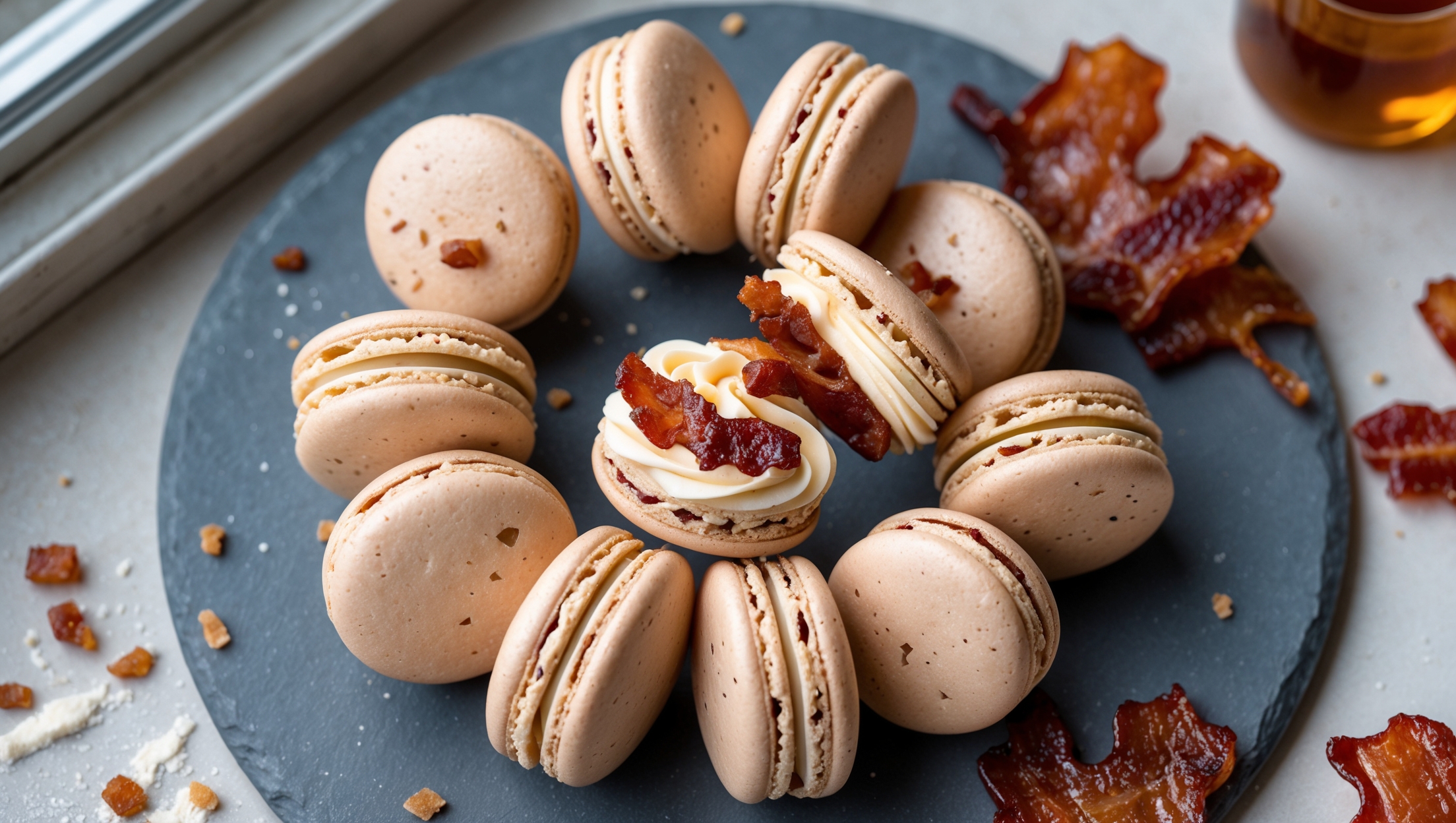 An overhead shot of perfectly formed maple bacon macarons arranged in a spiral pattern on a slate gray serving board. The macaron shells display a light beige color with flecks of real maple sugar crystals catching the soft natural light streaming through a nearby window. A cross-section view reveals the smooth maple buttercream filling, studded with tiny pieces of candied bacon creating a striking color contrast. Several whole pieces of candied bacon lean artistically against the macarons, while scattered almond flour and a small jar of amber maple syrup sit in the background, slightly blurred. The texture of the macaron feet is clearly visible, showing the perfect rise, while the tops gleam with a subtle sheen.