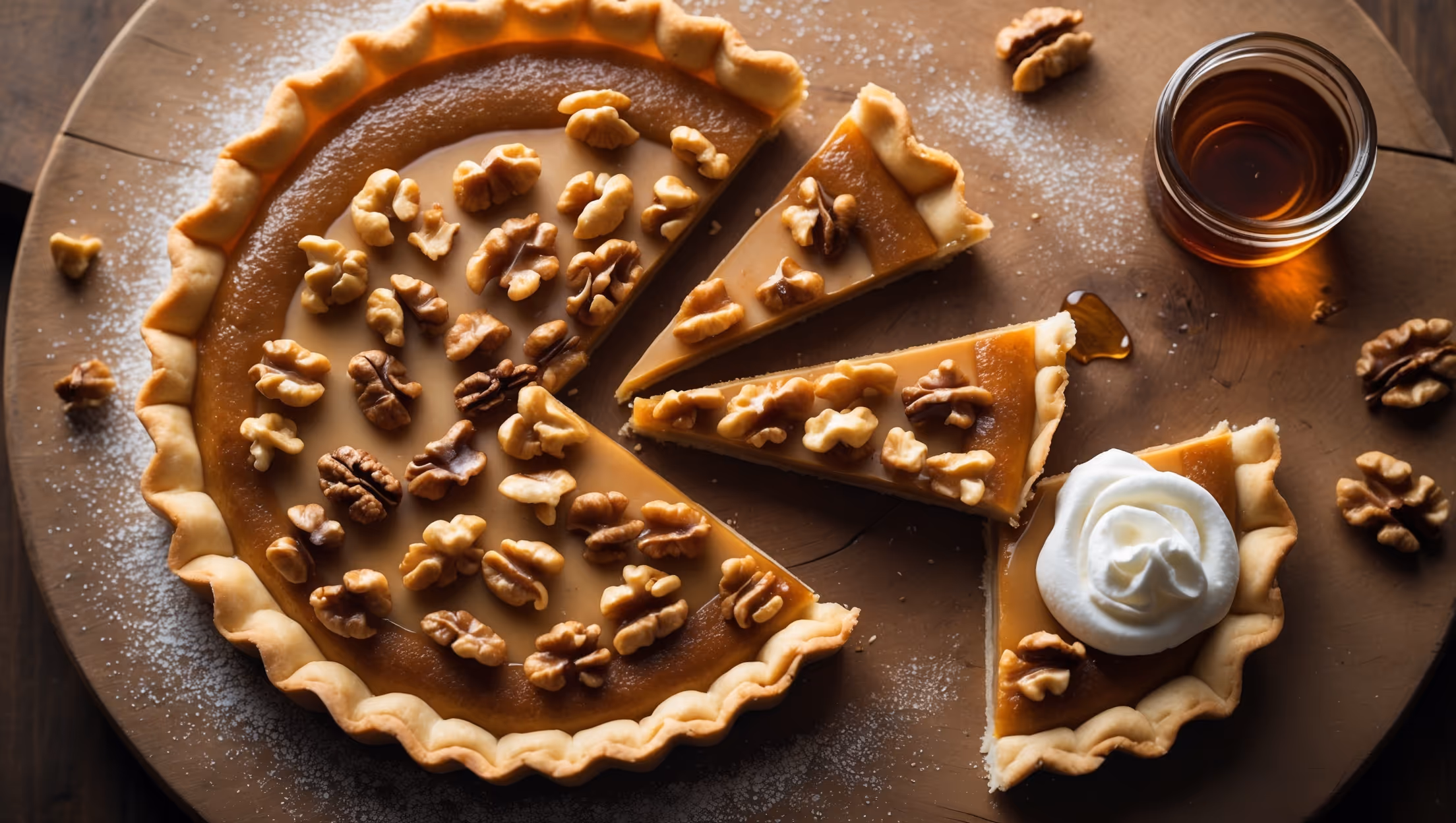 An overhead shot of the Maple Walnut Tart reveals its glossy, amber-colored filling speckled with toasted walnut pieces. A cross-section view displays the perfect ratio of crisp pastry to silky maple filling. Shot in soft natural light, the tart rests on a rustic wooden serving board, with a small jar of maple syrup and scattered walnut halves artfully placed nearby. A dusting of powdered sugar creates contrast against the caramelized surface, while a dollop of lightly whipped cream slowly melts on a just-cut slice, highlighting the warm, golden tones of the filling. The flaky, golden-brown crust edges frame the scene, showcasing the precision of the crimped edge.