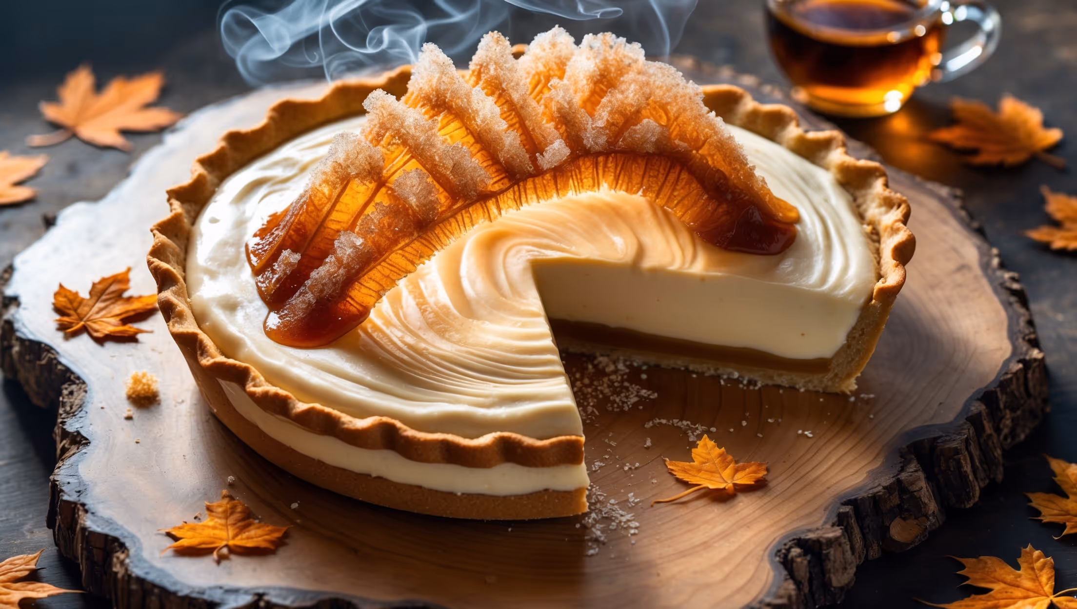 An overhead shot capturing a perfectly sliced piece of maple-smoked cream pie revealing its three distinct layers - a golden brown shortcrust base, a velvety maple-infused custard center, and an architectural sugar cage arching dramatically across the top. The pie rests on a weathered maple wood serving board, with soft natural light streaming through the amber sugar strands creating honey-colored patterns on the creamy filling. A small pitcher of additional maple syrup sits nearby, its contents catching the light. Close-up details show the delicate crystalline structure of the sugar cage, highlighting its amber tones against the smooth, caramel-colored cream filling. Scattered maple leaves as garnish and wisps of smoke complete the sophisticated autumn presentation.