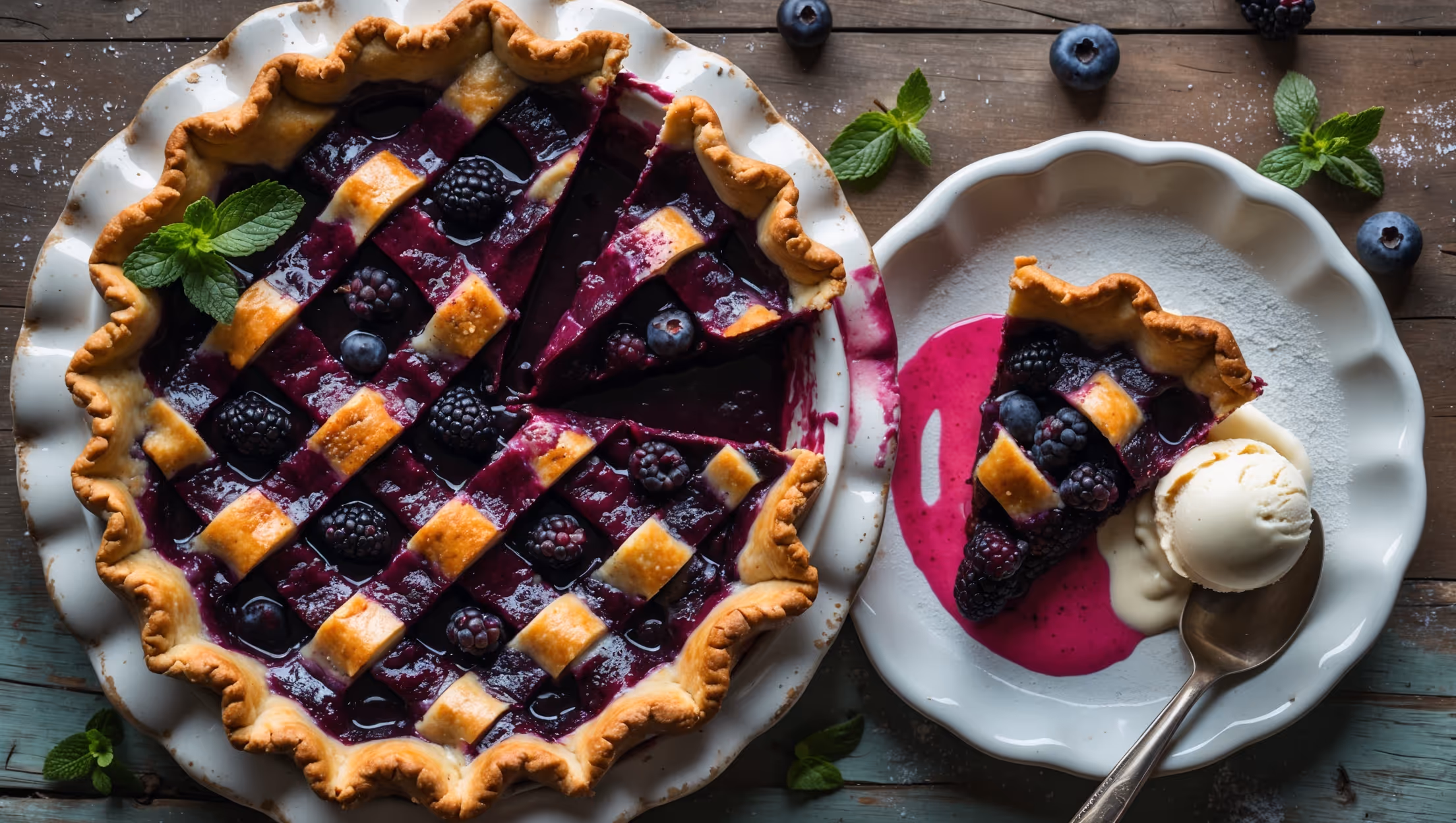 An overhead shot of a rustic Mixed Berry Pie with a golden lattice crust, revealing glimpses of the deep purple-red filling bubbling through the gaps. Soft natural light highlights the sugar-sprinkled top that glistens with caramelization, while a slice has been removed to showcase the perfect consistency of the berry filling – not too runny, with whole berries still visible. The pie rests on a vintage white ceramic stand against a weathered wooden table, with scattered fresh berries, mint leaves, and a dusting of powdered sugar around the base. A scoop of melting vanilla ice cream beside the cut slice creates a tantalizing temperature contrast.