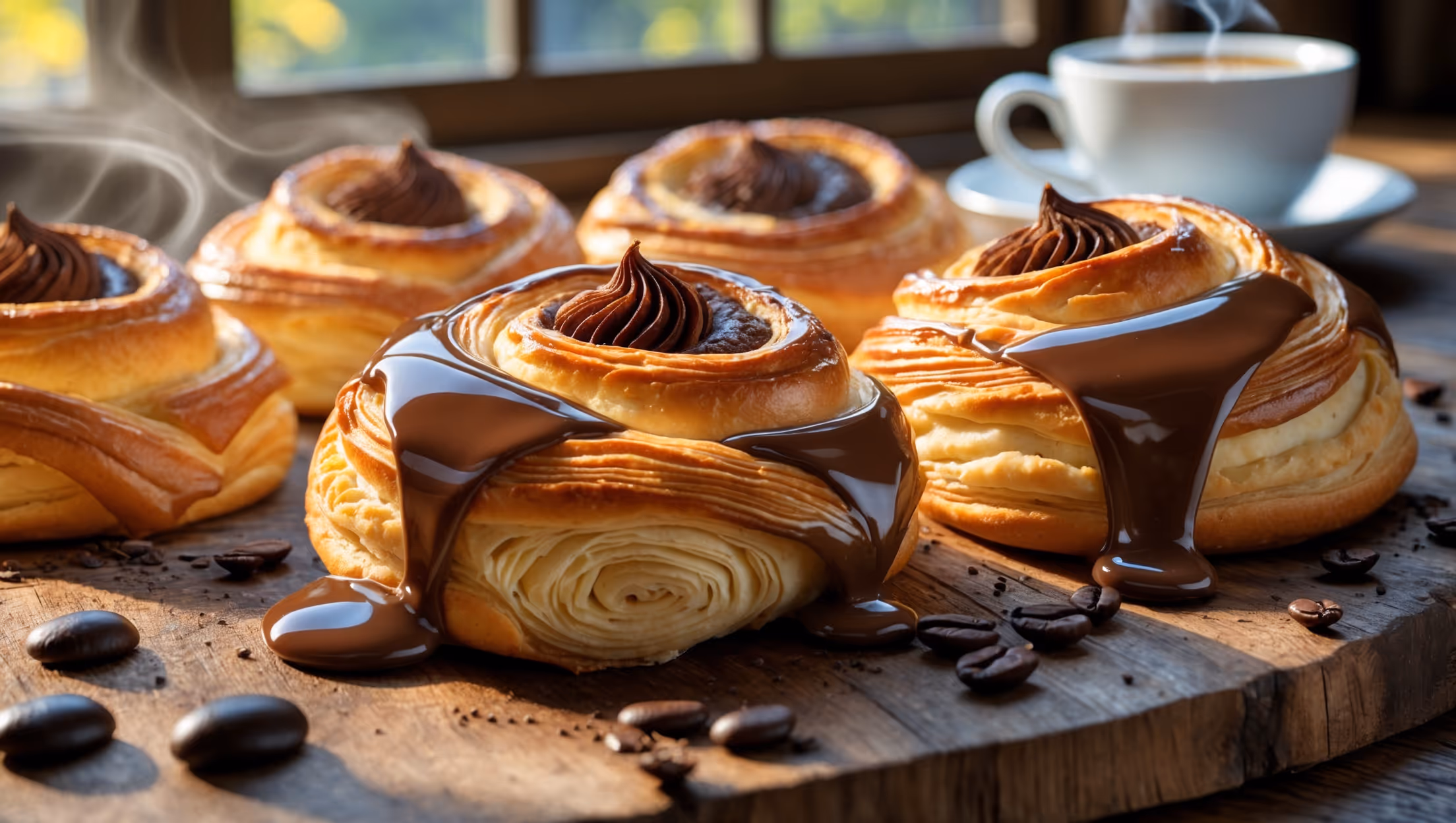 A close-up shot of golden-brown Mocha Danish pastries arranged on a rustic wooden board, with morning sunlight streaming through a kitchen window. The flaky, laminated dough creates visible buttery layers, while the chocolate filling peeks out from swirls in the pastry. A glossy mocha glaze drips artfully over the edges, creating a rich contrast against the pastry's honeyed tones. Coffee beans and cocoa nibs are scattered around the display, with steam rising from an espresso cup placed alongside, reinforcing the coffee-chocolate theme. The photo captures both the shatter of the exterior and the soft, rich interior where the chocolate and coffee flavors meld together.