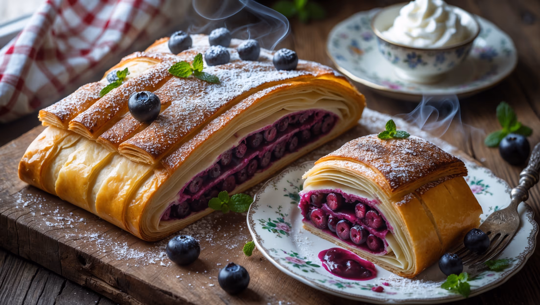 An overhead shot of a golden-brown strudel resting on a rustic wooden board, with a slice cut to reveal the vibrant purple-red berry filling oozing slightly from the layers. Natural window light highlights the paper-thin, flaky pastry layers and the glistening sugar crystals on top. Scattered fresh berries, a dusting of powdered sugar, and sprigs of mint add pops of color against the amber pastry. A vintage cake fork rests beside a slice on an antique porcelain plate, with wisps of steam suggesting it's freshly baked. The background features a checkered kitchen towel and a small pot of whipped cream, creating a cozy, homemade atmosphere.