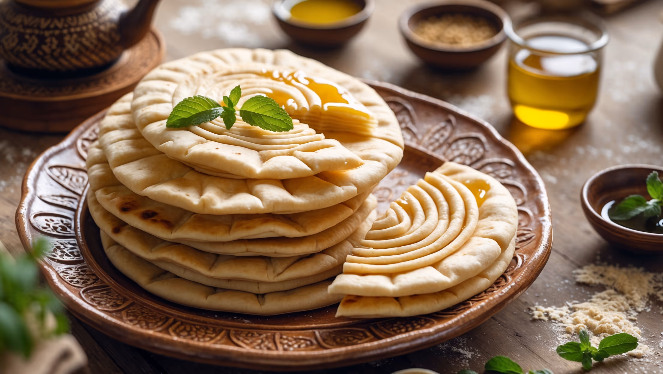 An overhead shot of golden-brown Mlaoui flatbreads stacked on a handcrafted Moroccan ceramic plate, with one bread partially pulled apart to reveal its delicate, buttery layers and spiral pattern. The soft natural light highlights the bread's flaky texture and subtle sheen from the oil. Surrounding the plate are small bowls of olive oil, honey, and fresh mint sprigs for serving, along with scattered semolina flour on a rustic wooden surface. A traditional Moroccan teapot and glasses of mint tea appear in the soft-focus background, completing this authentic North African breakfast scene.