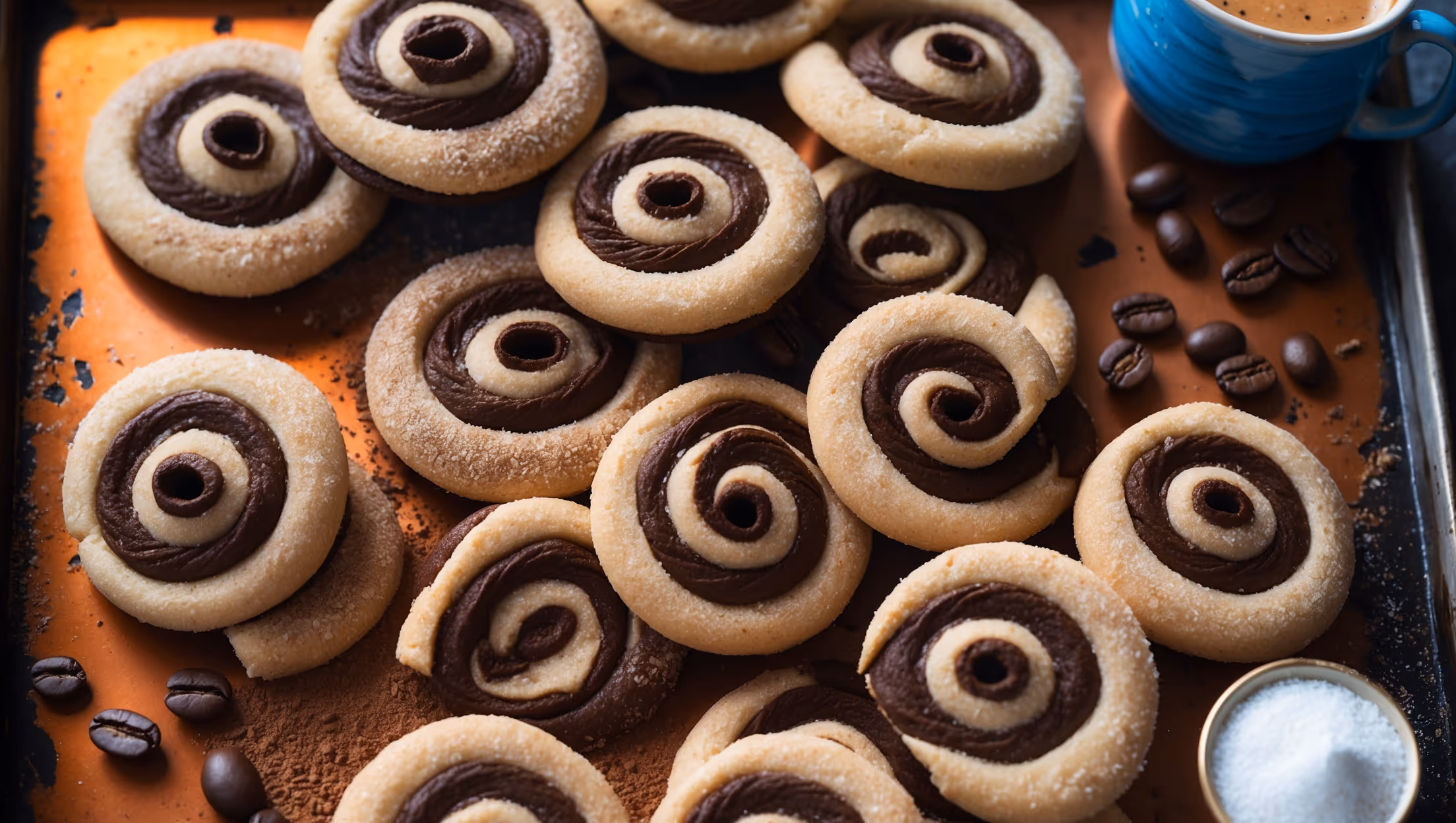 An overhead shot of perfectly spiraled Mocha Pinwheels arranged on a distressed copper baking sheet, with a cross-section view prominently displaying the distinct chocolate and coffee layers. The cookies are photographed in gentle afternoon light that accentuates their glossy sugar coating and crisp edges. A vintage blue ceramic mug filled with espresso sits beside the cookies, along with scattered coffee beans and a small bowl of coarse sugar. The contrast between the dark chocolate swirl and lighter coffee-colored dough creates a hypnotic pattern that draws the eye to the center of each pinwheel. A light dusting of cocoa powder adds depth and texture to the composition.