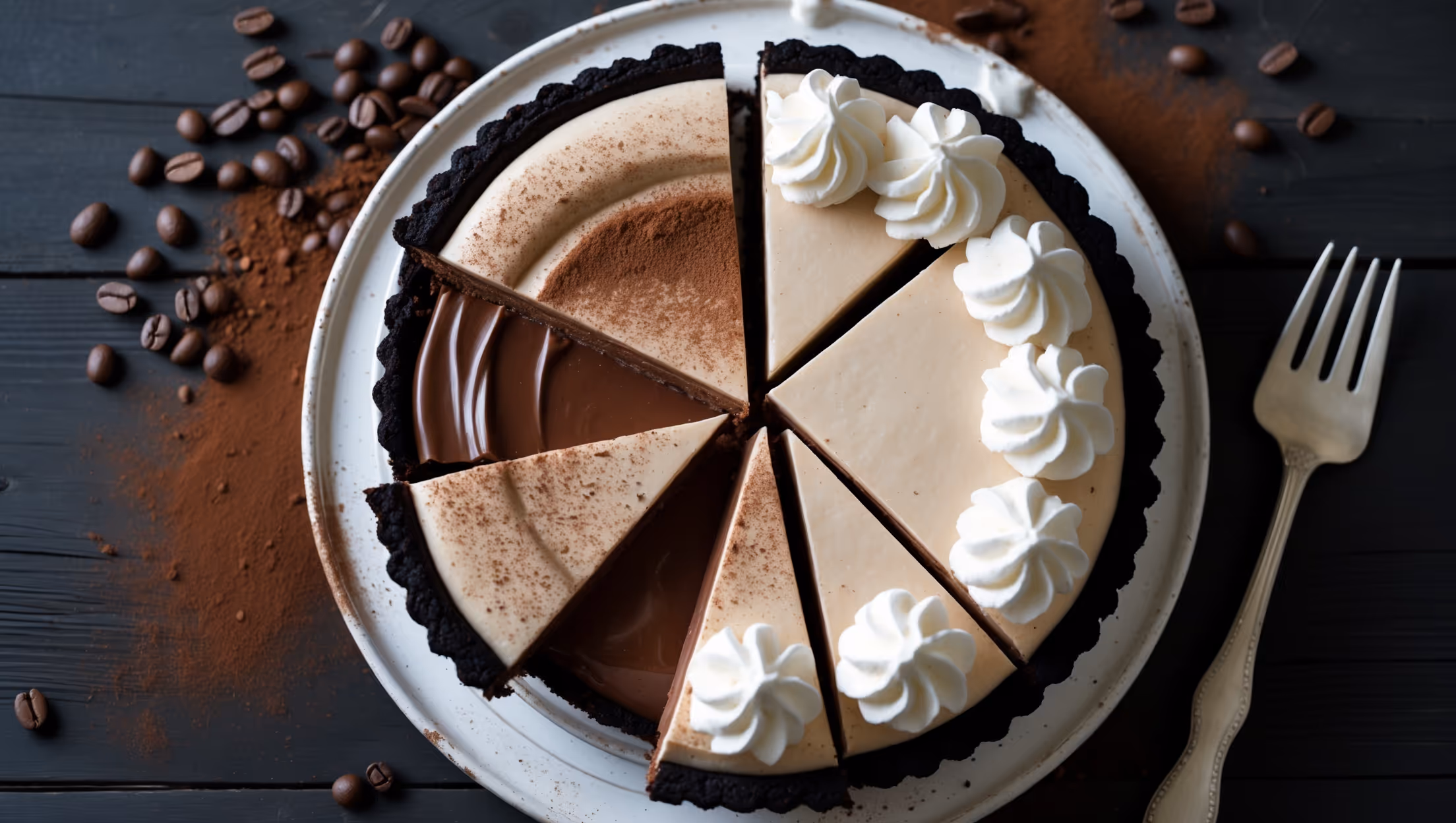An overhead shot of a perfectly sliced Mocha Cream Pie revealing three distinct layers – a dark chocolate cookie crust, a smooth coffee-infused filling, and a cloud of whipped cream topping. The pie sits on a vintage white cake stand against a dark wooden surface, with coffee beans and chocolate shavings artfully scattered around. A gentle dusting of cocoa powder creates contrast against the creamy topping, while the ganache layer gleams under soft natural lighting. One perfect slice has been removed, showing the clean-cut layers with a fork resting beside it, ready for the first delicious bite.