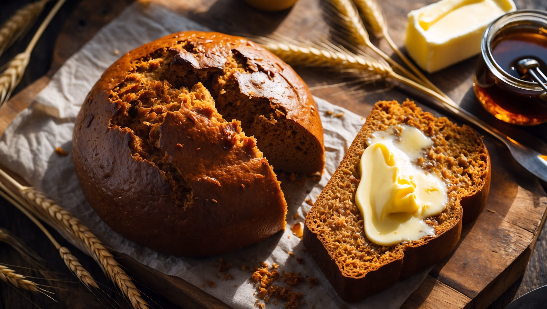 An overhead shot of a freshly baked round loaf of Molasses Brown Bread with a deep amber-brown crust, set on a rustic wooden board. A cross-section view reveals its moist, dense crumb with tiny air pockets throughout, highlighting the bread's hearty texture. Soft natural light streams across the scene, catching the glossy sheen from the molasses. Scattered around the board are wheat stalks, a small jar of molasses with its distinctive dark syrup visible, and a vintage butter dish. A thick slice has been cut and slathered with melting butter, showcasing the bread's steam rising slightly in the warm lighting, emphasizing its freshly baked appeal.