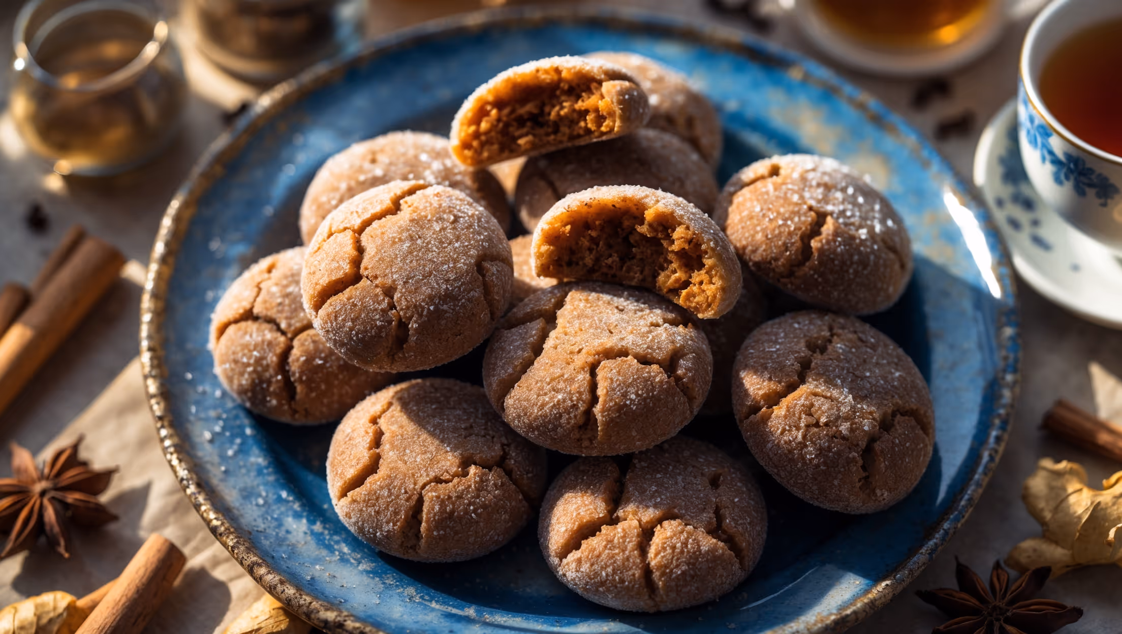 Overhead shot of rustic molasses ginger chews arranged in a casual pile on vintage blue ceramic plate, with a few cookies broken to reveal their chewy interiors. Warm afternoon light highlights the cookies' crackly sugar-coated surfaces and deep amber color, while creating subtle shadows that emphasize their slight height and soft texture. In the background, a steaming cup of tea, a small jar of crystallized ginger, and scattered whole spices (cinnamon sticks, star anise, and cloves) complement the scene. Fine sugar crystals glisten on the cookies' surfaces, and the frame captures the contrast between the dark, moist centers and the slightly crisp, crinkled edges.