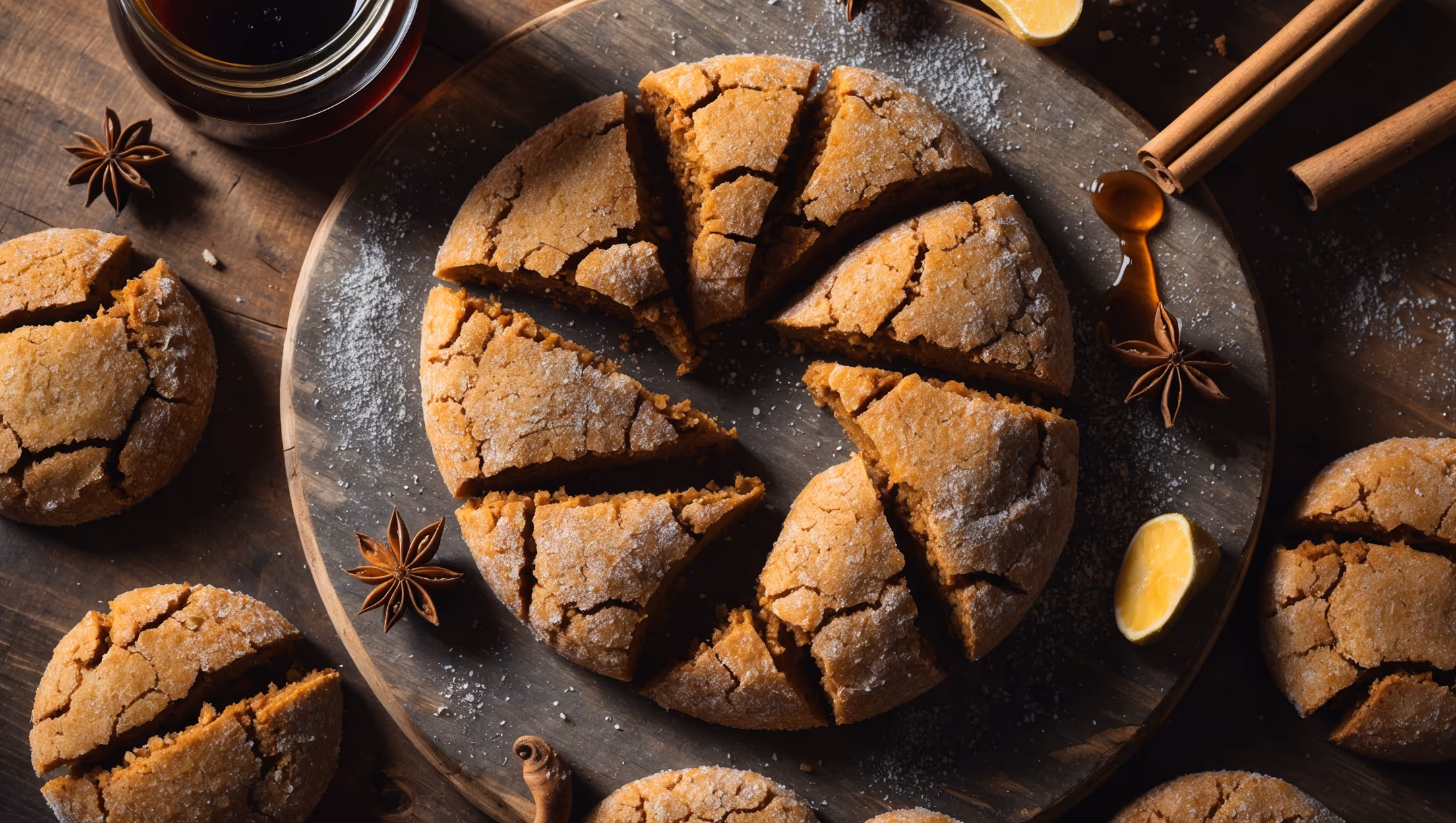 An overhead shot of rustic molasses ginger cookies arranged in a spiral pattern on a weathered wooden board, with some cookies broken to reveal their soft, chewy centers. Captured in warm afternoon light that highlights the sugar-crusted tops and crackling texture. A small jar of molasses, a wooden spoon dripping with the dark syrup, and scattered whole spices—cinnamon sticks, star anise, and knobs of ginger—frame the composition. A dusting of demerara sugar sparkles across the scene, emphasizing the cookies' rich amber-brown color and crackled surfaces that promise their perfect chewy-crisp texture.