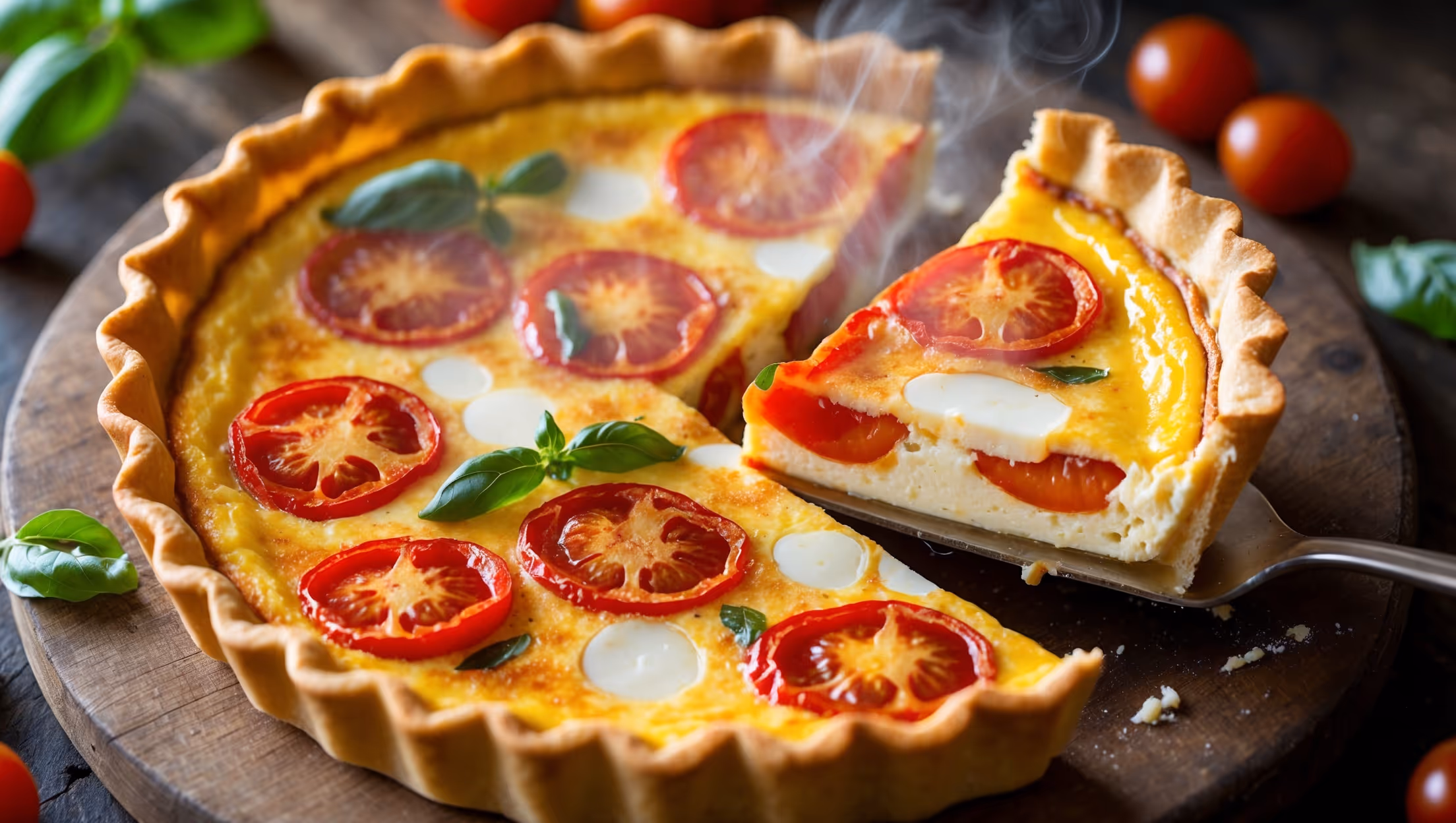 An overhead shot of a golden-brown quiche with a perfectly crimped crust, showcasing a slice being lifted to reveal the luscious interior. Warm natural light highlights the vibrant red tomato slices and pools of melted mozzarella suspended in the custard. The quiche rests on a rustic wooden board alongside scattered fresh basil leaves and cherry tomatoes. A cross-section view reveals distinct layers of the flaky pastry base and the silky egg filling, with steam gently rising and cheese stretching as the slice is pulled away.