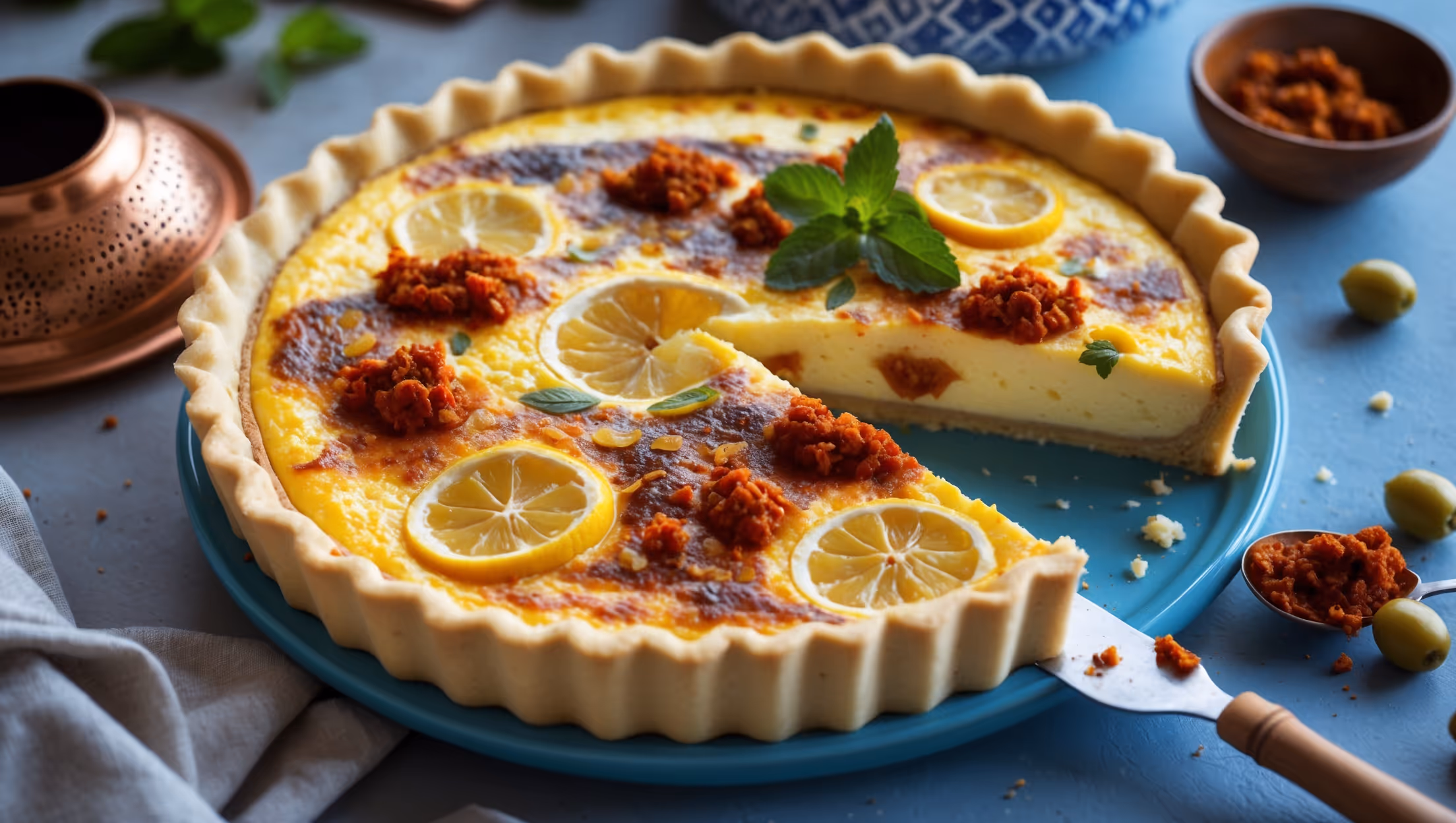 An overhead shot of a golden-brown quiche with a perfectly crimped crust, revealing a vibrant filling speckled with yellow preserved lemon pieces and flecks of red harissa paste. The quiche is photographed in soft morning light against a backdrop of blue Moroccan-patterned ceramics, with a sprinkle of fresh mint and a small bowl of extra harissa on the side. A slice has been removed, showcasing the silky, set custard interior with layers of flavors. Scattered olives and a copper tagine pot appear slightly blurred in the background, enhancing the North African aesthetic.