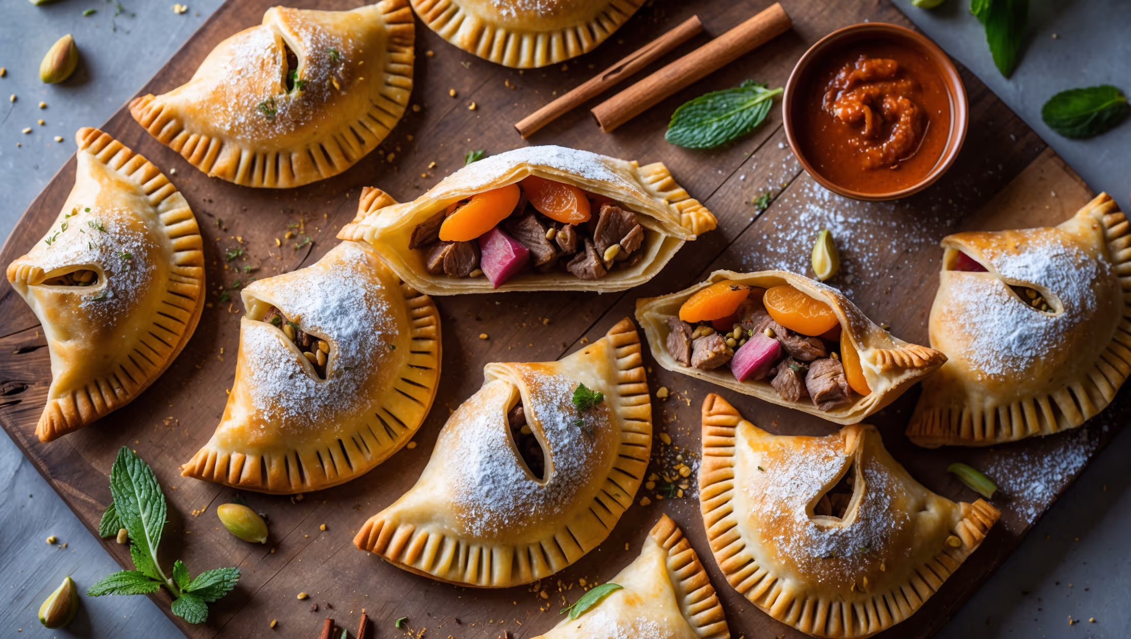 An overhead shot captures a rustic wooden board holding several golden-brown Moroccan hand pies arranged in a casual, inviting pattern. A cross-section of one pie reveals the richly colored filling of spiced lamb studded with colorful dried apricots and fresh herbs. The flaky layers of pastry are clearly visible, with a light dusting of powdered sugar and crushed pistachios adding visual texture. Soft natural light catches the glistening edges of the pastry, while scattered fresh mint leaves, cinnamon sticks, and whole spices create an evocative styling element. A small copper dish of harissa sauce sits nearby, adding a vibrant red accent to the warm golden tones of the pastries.