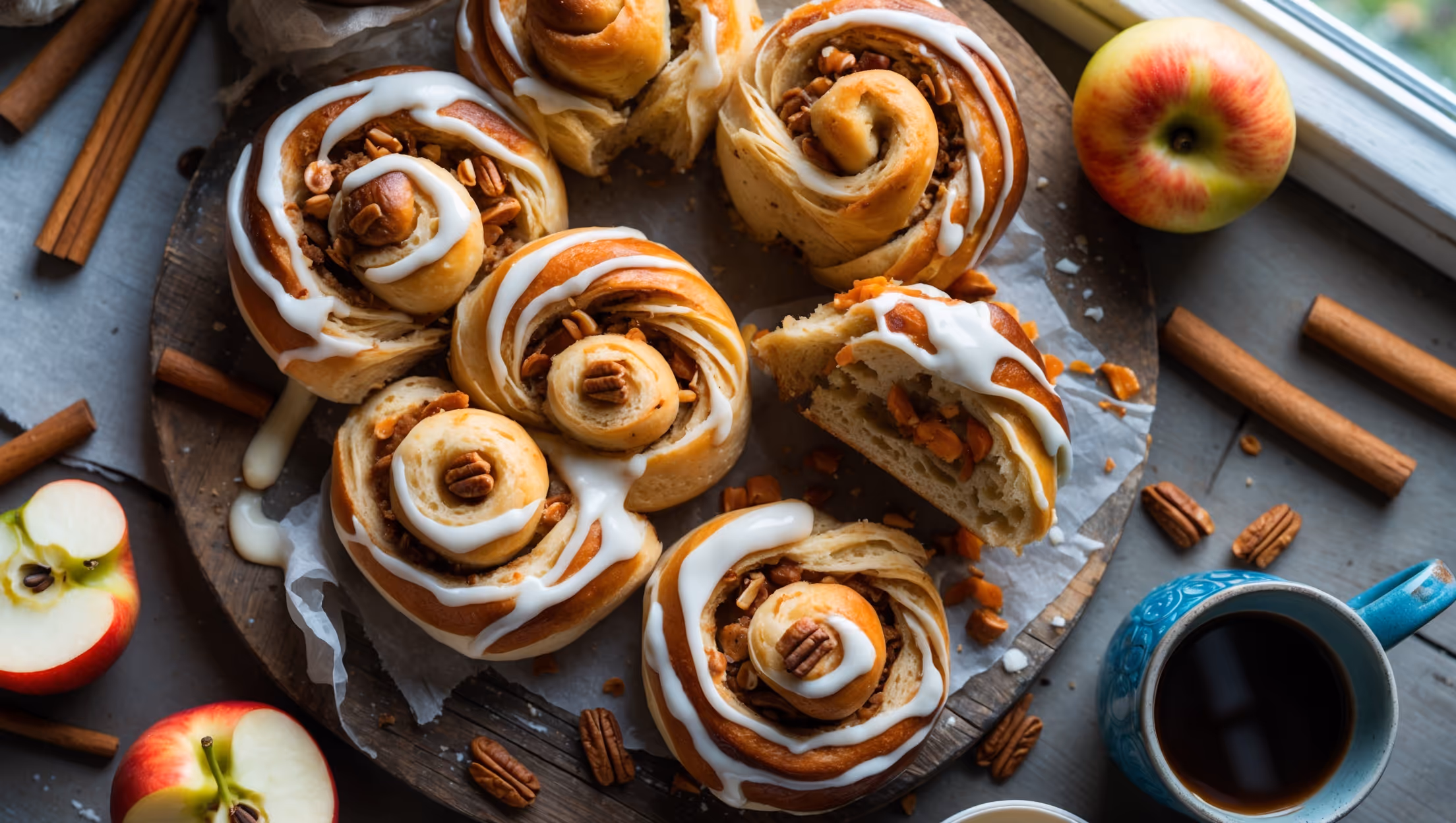 An overhead shot of spiraled Morning Glory Breakfast Buns arranged on a rustic wooden board, with one bun pulled slightly apart to reveal the cinnamon-spiced swirls within. Soft natural light streams in from a nearby window, highlighting the glistening cream cheese glaze that drips down the golden-brown tops. The buns showcase flecks of vibrant orange carrot, toasted pecan pieces, and coconut shreds throughout their tender crumb. Scattered around the board are cinnamon sticks, fresh apple slices, and a small bowl of extra glaze, while a vintage blue ceramic mug of coffee sits in the corner, suggesting the perfect breakfast pairing.