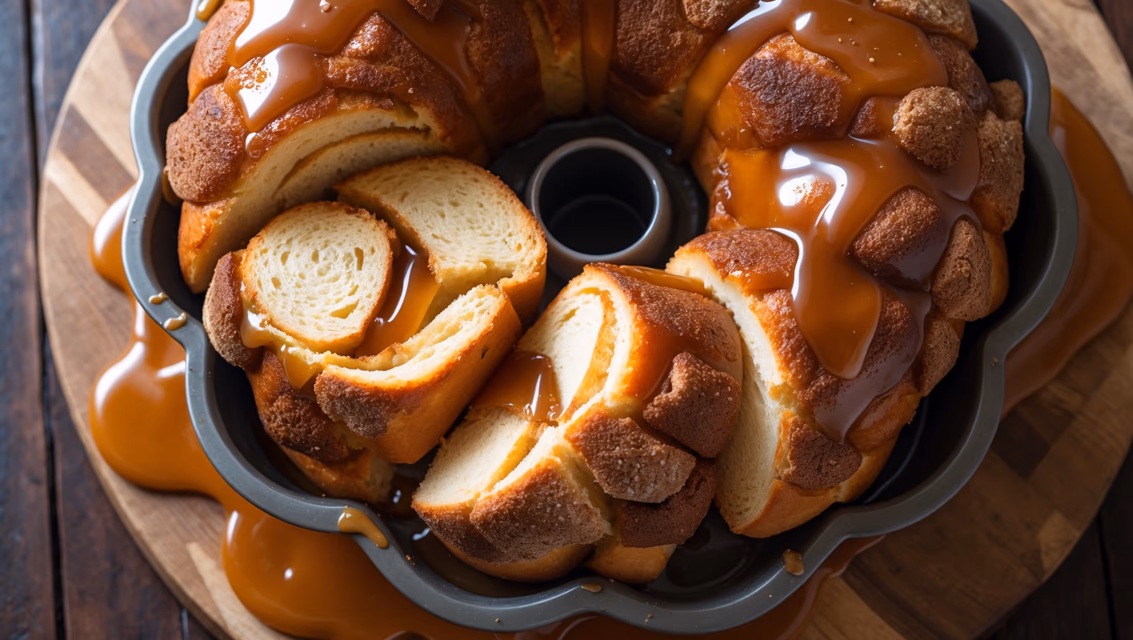Overhead shot of a golden-brown Monkey Bread fresh from the oven, still in its Bundt pan with caramel sauce cascading down the sides. The cross-section reveals airy, pillowy bread pieces with defined layers coated in cinnamon-sugar crystals that sparkle in soft natural light. Steam rises gently from the freshly baked dough, while a wooden board beneath adds rustic warmth. A drizzle of additional caramel pools at the base, highlighting the sticky, indulgent nature of this pull-apart treat. The contrast between the amber caramel, cinnamon-speckled dough, and the dark metal pan creates a warm, inviting color palette that emphasizes the homemade quality.