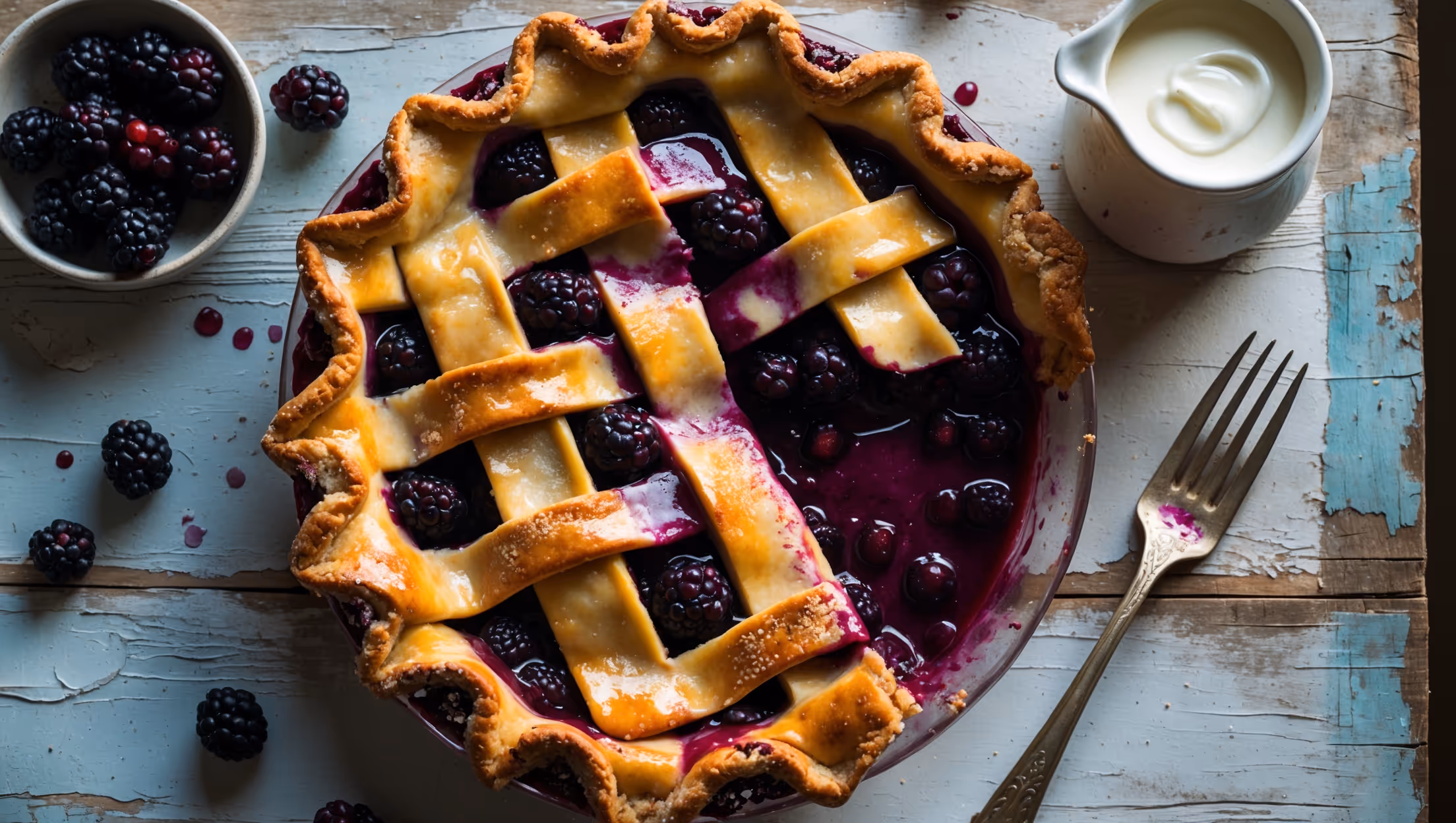 An overhead shot of a golden-brown mulberry pie with a lattice top, where deep purple berry juices bubble through the gaps, set on a weathered wooden table. The crust exhibits a perfect flaky texture with visible butter layers, dusted with a light sprinkle of coarse sugar that catches the soft afternoon window light. A slice has been removed, revealing the glistening, intensely-colored mulberry filling that holds its shape without being runny. Scattered fresh mulberries and a small ceramic pitcher of cream sit alongside, while a vintage fork rests on the distressed wooden surface, showing traces of the vibrant filling.