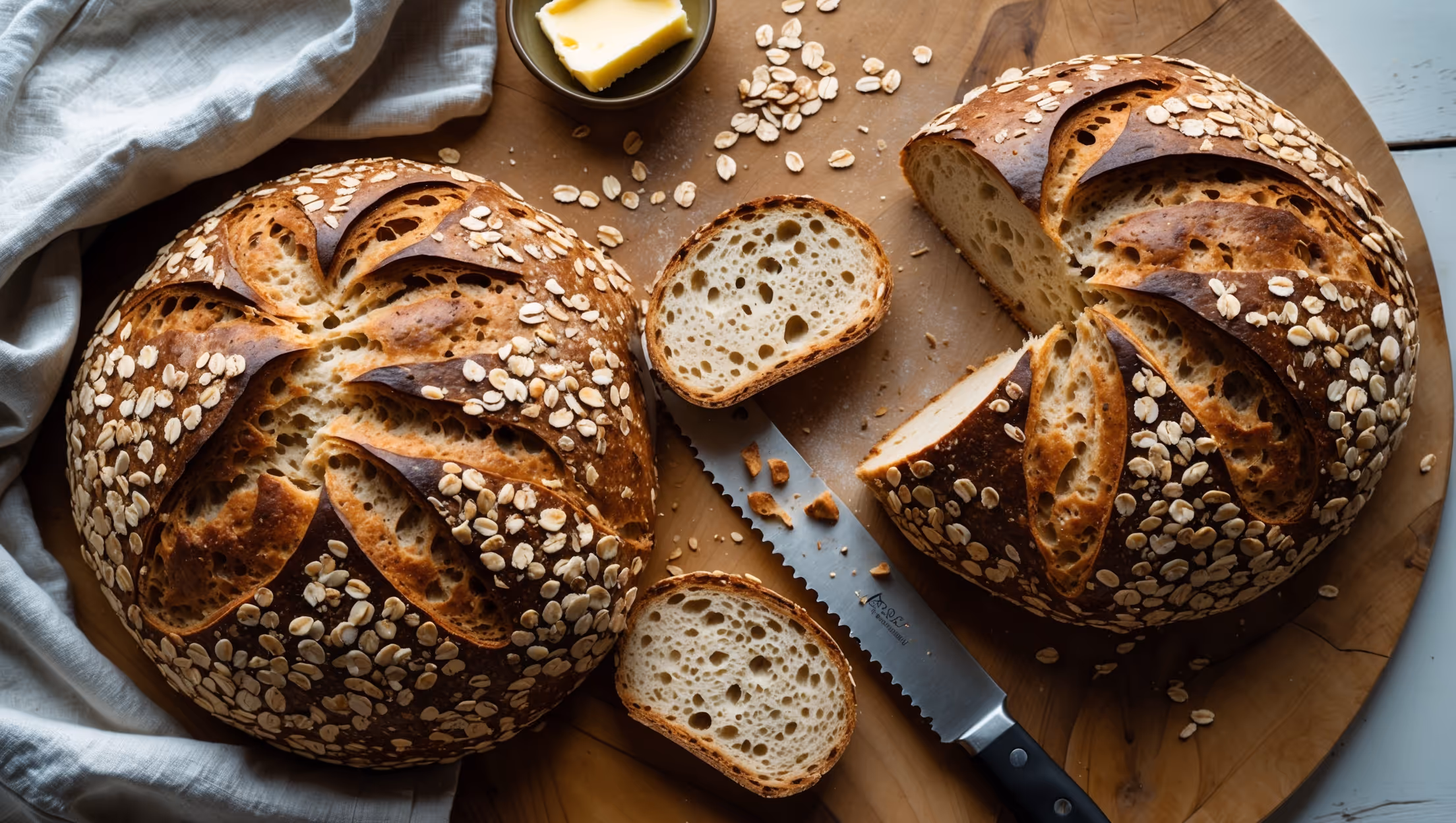 Overhead shot of a rustic round loaf with a beautifully scored top, revealing a golden-brown crust dusted with oats and seeds. A cross-section displays the bread's open crumb structure with visible multigrain bits throughout the creamy interior. The bread rests on a wooden cutting board next to a linen cloth, with scattered grains and a small dish of butter. Natural window light highlights the texture of the crust, creating gentle shadows that emphasize the bread's artisanal quality. A serrated knife and several slices showcase the bread's perfect balance of hearty texture and soft interior.