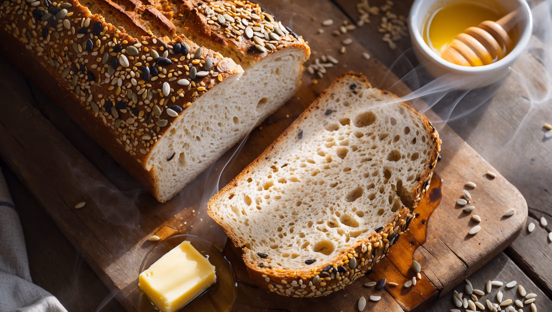 An overhead shot of a freshly sliced multi-seed sandwich loaf on a rustic wooden cutting board, with one perfect slice standing upright to display the airy, even crumb studded with colorful seeds. Natural light streams across the scene, highlighting the golden-brown crust speckled with sunflower, pumpkin, and sesame seeds. Beside the loaf sits a small pot of homemade butter and a drizzle of honey, with scattered seeds artfully arranged around the base of the board. The contrast between the bread's tender interior and seed-crusted exterior creates visual interest, while steam wisps suggest it's just been sliced.