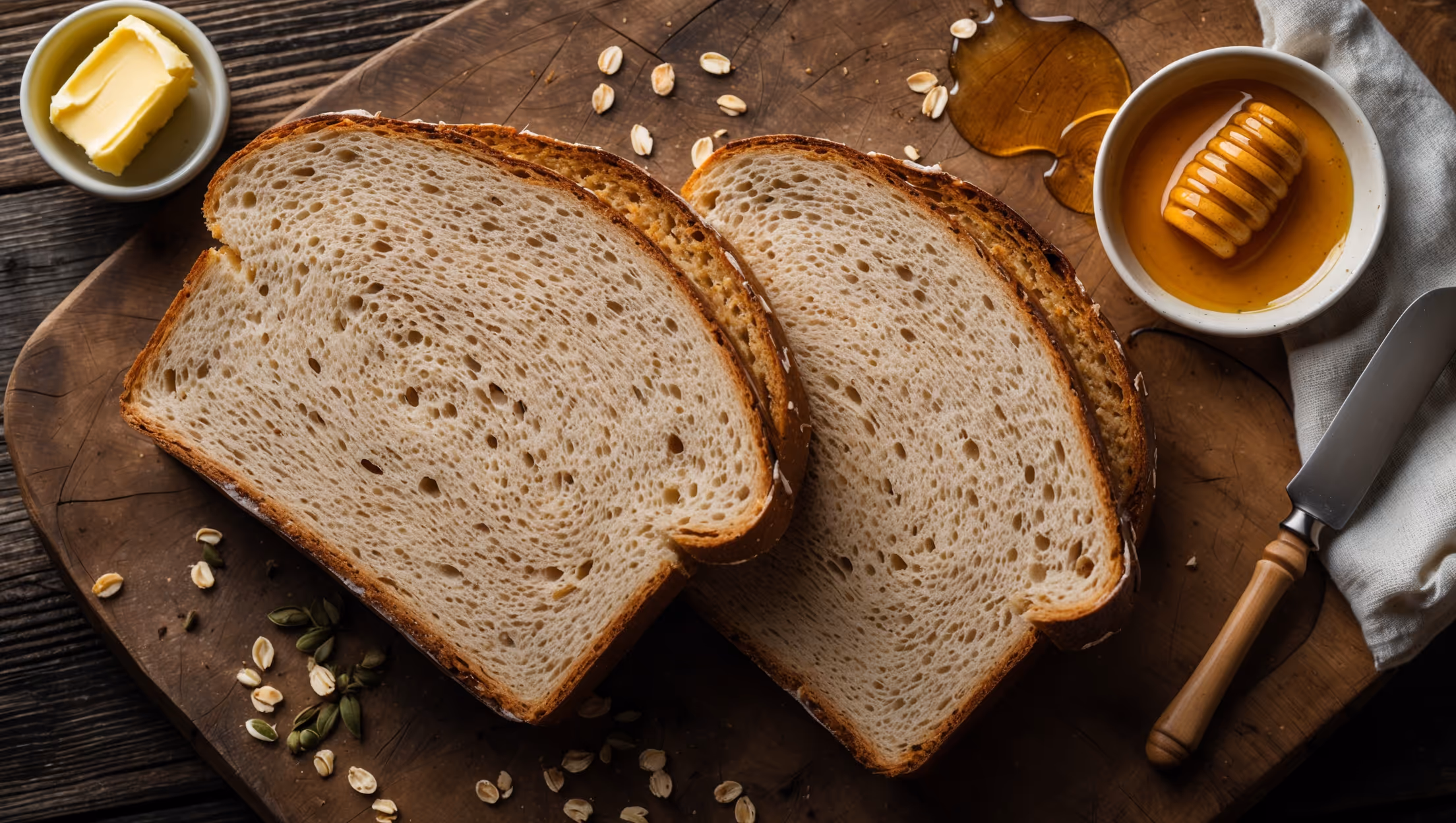 An overhead shot capturing a freshly sliced loaf of multi-grain sandwich bread on a rustic wooden cutting board. The cross-section reveals a perfectly uniform crumb structure with visible grain specks throughout. Natural morning light highlights the bread's golden-brown crust with subtle variations showing caramelization. Several scattered grains (flaxseeds, sunflower seeds, and oats) surround the base, while one slice is pulled slightly apart to showcase the bread's soft, pillowy interior. A drizzle of golden honey glistens on one slice, with a vintage butter knife resting nearby on a small ceramic butter dish, suggesting the bread's readiness to be enjoyed.
