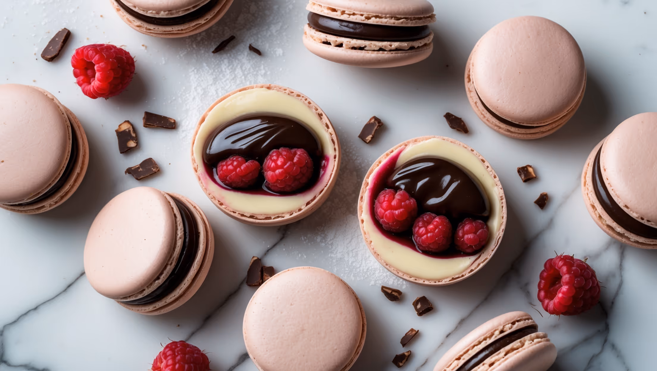 An overhead shot reveals six perfectly round multi-chambered macarons arranged on a white marble surface. A cross-section close-up showcases the sophisticated interior structure with three distinct chambers filled with glossy dark chocolate ganache, vibrant raspberry compote, and creamy vanilla bean curd. Soft natural light accentuates the macarons' smooth rounded tops with perfect "feet" at the base, while capturing the subtle pastel coloring. Several fresh raspberries and scattered cacao nibs complement the composition, with a sprinkle of powdered sugar creating delicate contrast against the matte finish of the macaron shells.