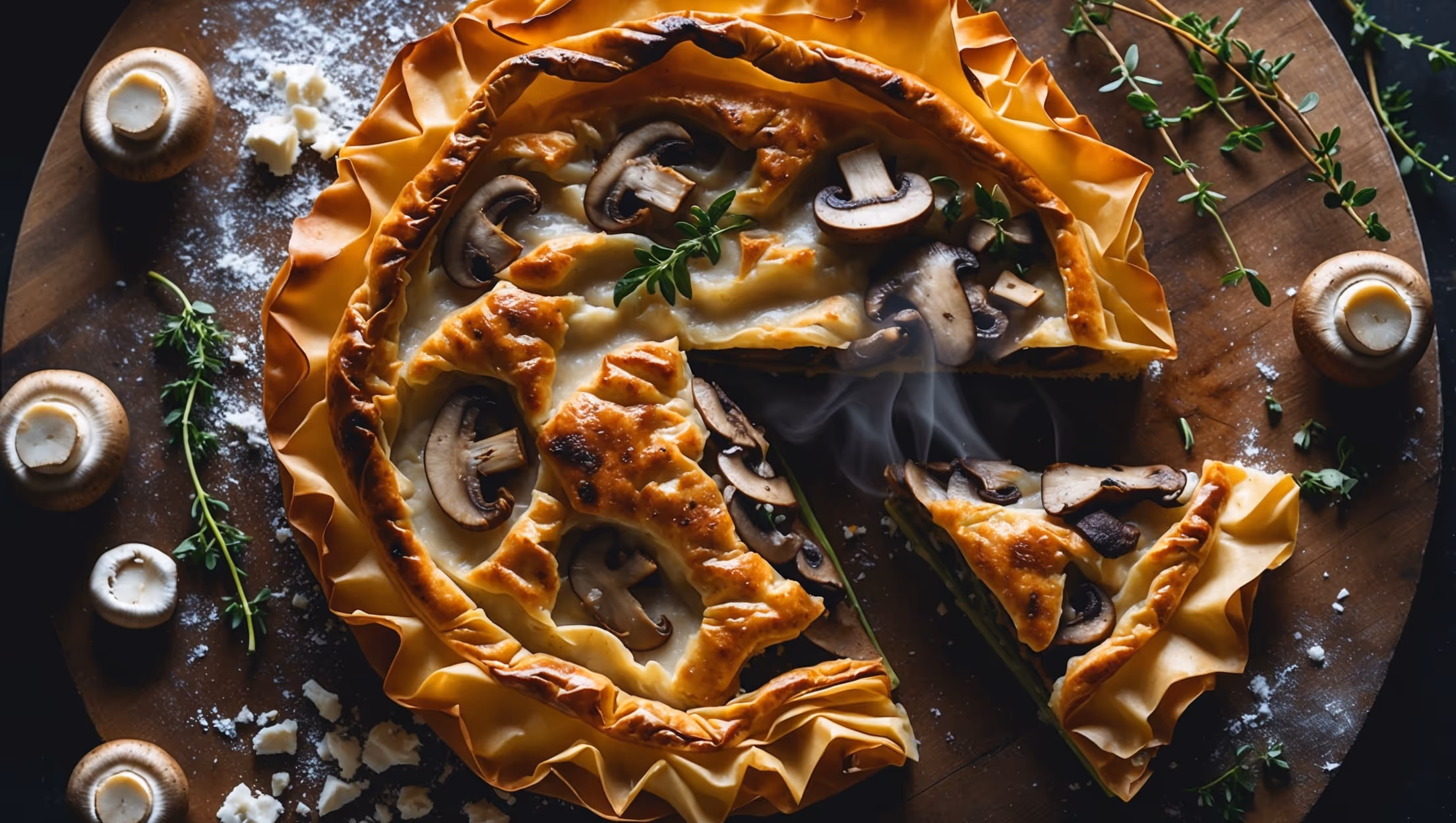 An overhead shot of the golden-brown Mushroom Phyllo Pie, with its characteristic crinkled top layers revealing hints of the filling beneath. The pie is photographed on a rustic wooden board with soft natural lighting highlighting the flaky, buttery texture of the phyllo. A slice has been removed, exposing layers of mushroom filling with steam gently rising, suggesting it's freshly baked. Scattered around the board are fresh thyme sprigs, whole mushrooms, and crumbled feta, hinting at the key ingredients. A light dusting of flour adds authenticity to the scene, while the rich browns and creams of the pie contrast beautifully with the earthy tones of the mushrooms and the bright green herbs.