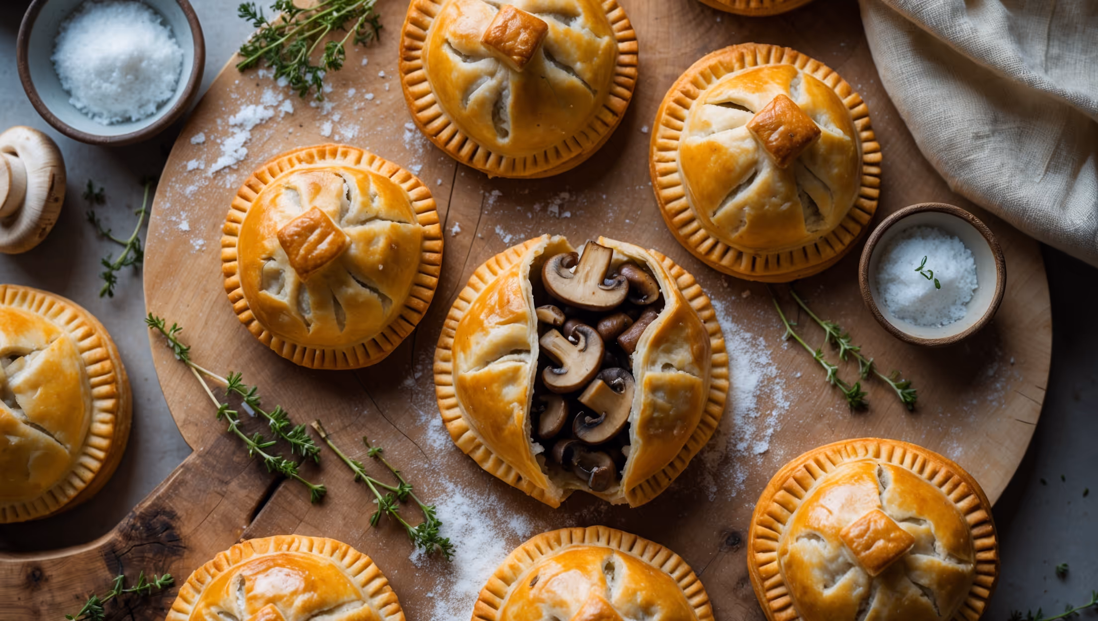 An overhead shot captures several golden-brown mushroom hand pies arranged on a rustic wooden board, with one pie cut in half revealing its steaming, herb-flecked mushroom filling. Shot in soft natural light streaming through a kitchen window, the scene highlights the flaky, buttery layers of pastry with visible lamination patterns. Small bowls of sea salt and fresh thyme sprigs surround the pies, while scattered wild mushrooms and a cloth napkin create depth in the composition. A light dusting of flour on the board suggests homemade craftsmanship, and the rich, earthy colors of the filling contrast beautifully with the golden-hued pastry exterior.