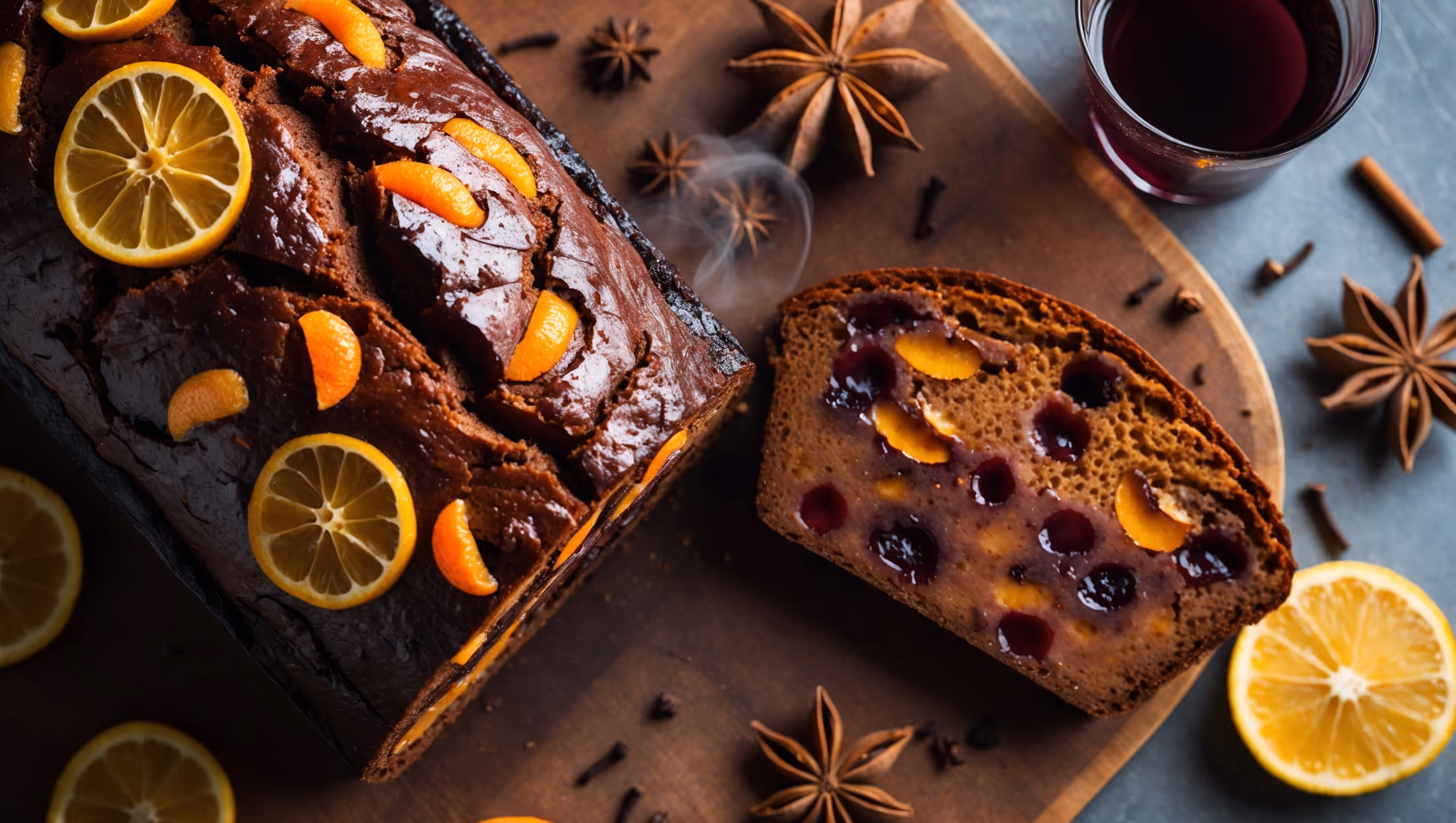 An overhead shot of the deep mahogany-colored loaf with a caramelized, slightly cracked top adorned with jewel-toned candied orange and lemon peels shimmering under soft winter light. The cross-section reveals a moist, dense crumb studded with plump wine-soaked fruits that contrast beautifully against the bread's rich burgundy hue. The loaf rests on a rustic wooden board with scattered star anise, cinnamon sticks, and cloves around it, while a glass of mulled wine sits nearby, creating a cozy holiday scene. Steam rises gently from the freshly cut slice, emphasizing the bread's warmth and inviting aroma of spices and citrus.