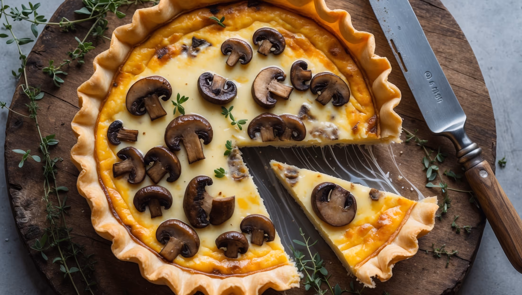 Overhead shot of a perfectly baked quiche with a golden-brown shortcrust edge and slightly puffed custard filling, captured in soft natural light on a rustic wooden board. A slice has been removed, revealing the silky interior studded with caramelized mushrooms and melted Gruyère. Flecks of fresh thyme and a scattering of extra mushrooms garnish the surrounding area, while a vintage serving knife rests nearby. Steam gently rises from the warm slice, highlighting the contrast between the crisp pastry and the creamy filling, with cheese pulls visible in the removed piece.
