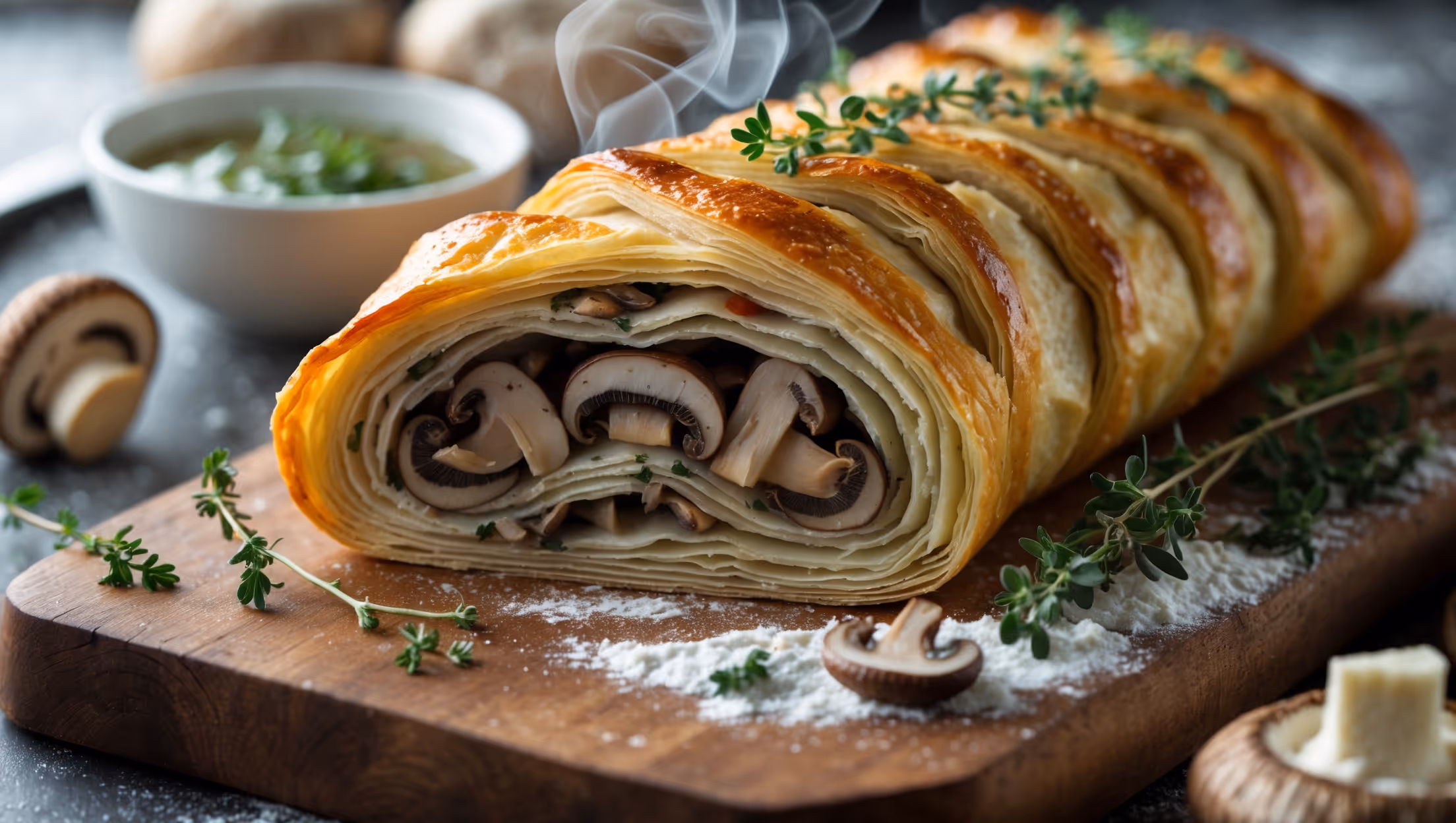 An overhead shot of a golden-brown mushroom strudel, sliced to reveal its layered interior, with mushrooms and herbs visible within the flaky pastry layers. Steam rises gently from the freshly cut cross-section, captured in soft natural light that highlights the buttery, crisp exterior. The strudel rests on a rustic wooden board, garnished with fresh thyme sprigs and a scattering of wild mushrooms. A light dusting of flour and a small bowl of herb-infused dipping sauce complement the scene, with the background showing soft focus kitchen elements, creating an inviting, homemade atmosphere.