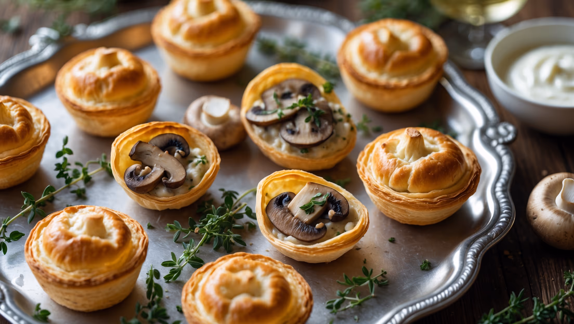 An overhead shot of golden-brown mushroom vol-au-vents arranged on a vintage silver serving platter, with soft natural light highlighting their flaky, layered texture. A close-up reveals the delicate pastry shells filled with a creamy mushroom mixture speckled with fresh herbs, their edges perfectly crimped and risen. Several vol-au-vents are cut in half to display the contrasting creamy filling against the crisp, buttery layers. A scattering of thyme sprigs, whole mushrooms, and a small bowl of crème fraîche complement the arrangement, while a glass of white wine blurs softly in the background, all set against a rustic wooden table that enhances the elegant yet homely appeal.
