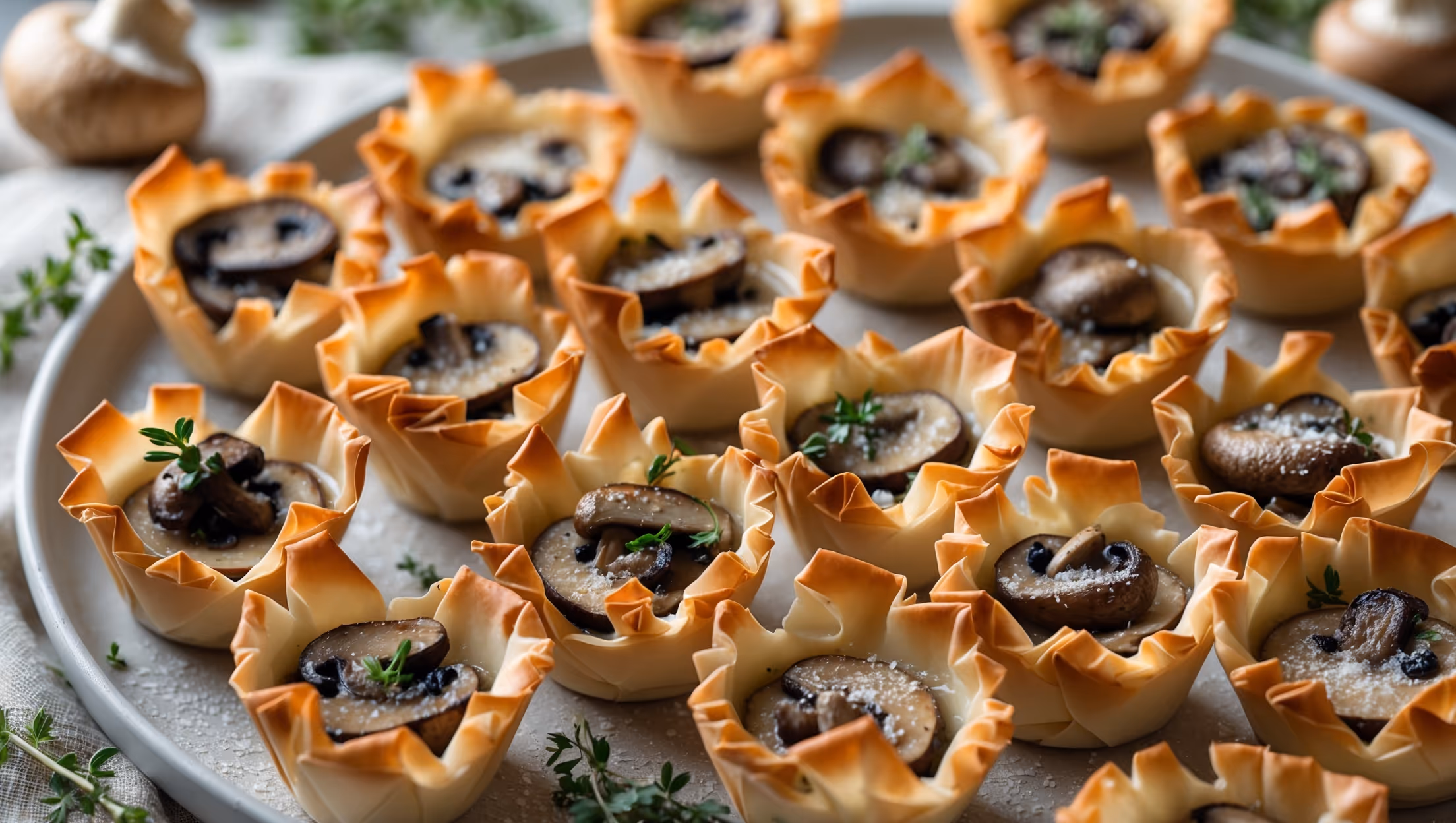 An overhead shot of a serving platter displaying rows of golden-brown phyllo cups with their savory mushroom filling glistening under soft natural light. Close-up details reveal the paper-thin layers of pastry curling delicately at the edges, while the filling shows specks of fresh herbs against the earthy mushroom mixture. Scattered fresh thyme sprigs and a few whole mushrooms create context around the platter, which sits on a textured linen cloth. The contrast between the crisp, flaky exterior and the moist, creamy filling is highlighted, with a light dusting of finely grated Parmesan creating a subtle snow-like effect on several cups.