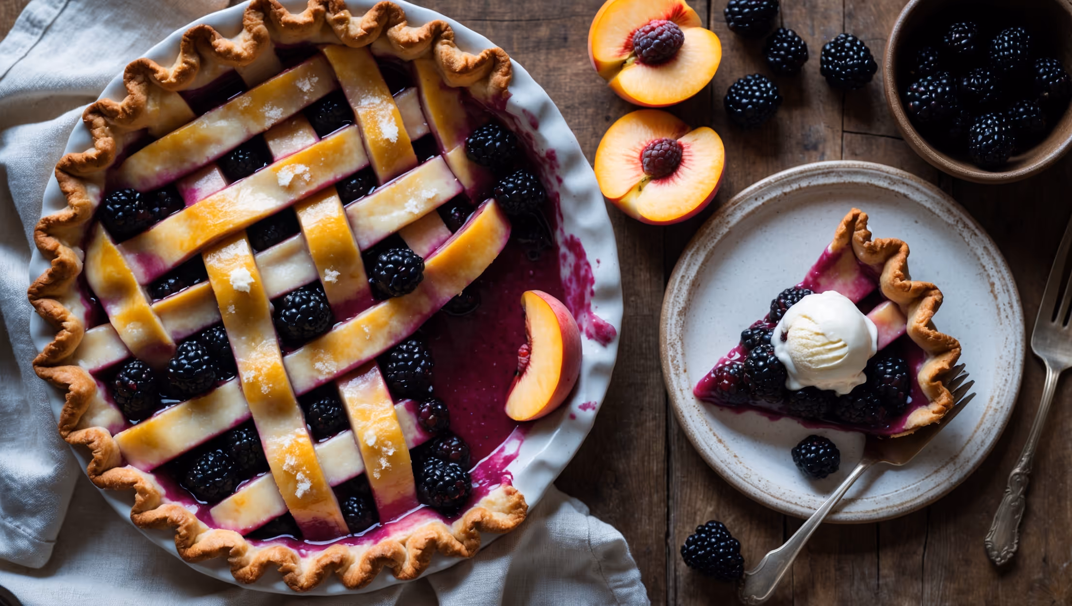 An overhead shot of the Nectarine Blackberry Pie showcases its intricate lattice top baked to a perfect golden brown, with ruby-purple filling bubbling through the gaps. A cross-section slice reveals distinct layers of tender nectarines and plump blackberries suspended in a glossy, jewel-toned filling. The pie rests on a vintage ceramic plate against a rustic wooden table, with scattered fresh blackberries and nectarine slices artfully arranged nearby. Soft natural light streams in from the side, highlighting the flaky texture of the crust and the glistening fruit within. A light dusting of coarse sugar crystals on the lattice catches the light, while a small scoop of melting vanilla ice cream is visible on the plated slice.