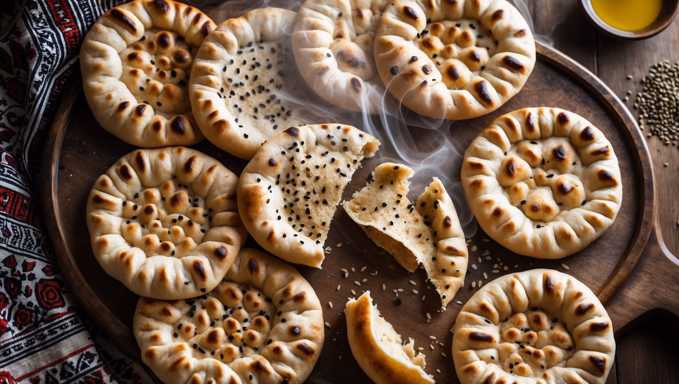 An overhead shot of freshly baked Nang flatbreads arranged on a rustic wooden board, their distinctive circular shape and decorative pricked patterns clearly visible in warm, natural light. The bread surfaces showcase a beautiful contrast between golden-brown raised edges and lighter centers, with scattered black sesame seeds glistening against the crust. Steam gently rises from a freshly torn piece, revealing the chewy interior texture with characteristic air pockets. In the background, a small bowl of olive oil and scattered cumin seeds add context, while a traditional Uyghur patterned cloth provides cultural authenticity to the composition.