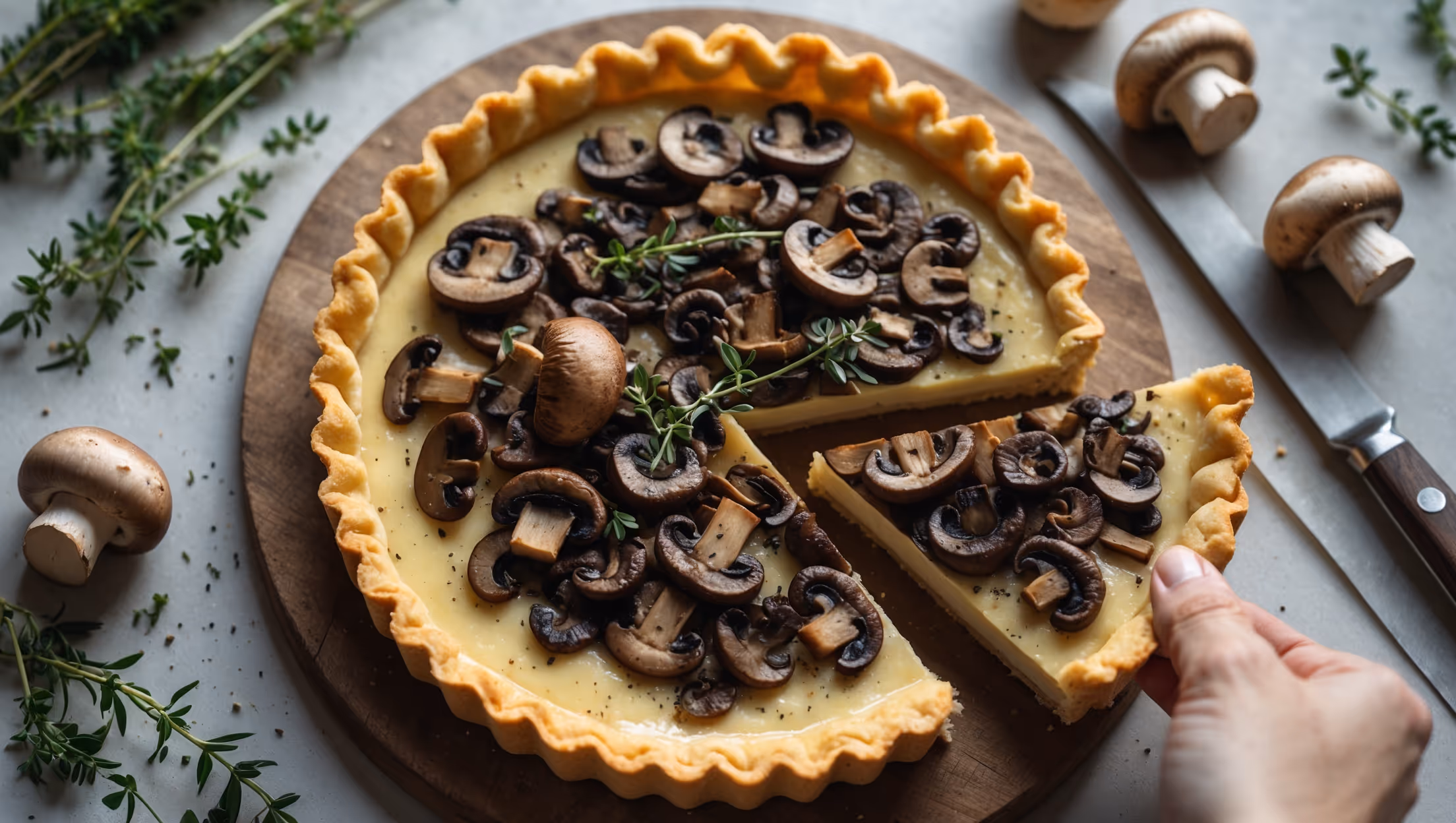 An overhead shot of the Mushroom and Thyme Tart reveals a golden-brown shortcrust pastry with a perfectly crimped edge. The filling shows a mosaic of caramelized mushrooms in varying earthy tones, from deep browns to creamy beiges, nestled in a set custard with flecks of fresh thyme scattered throughout. A cross-section displays the distinct layers: the crisp base, creamy filling, and mushroom-studded top. The tart is photographed in soft natural light on a rustic wooden board with fresh thyme sprigs, whole mushrooms, and a light dusting of black pepper surrounding it. A slice is being lifted, showing the perfect clean cut and revealing the silky interior texture that holds its shape.