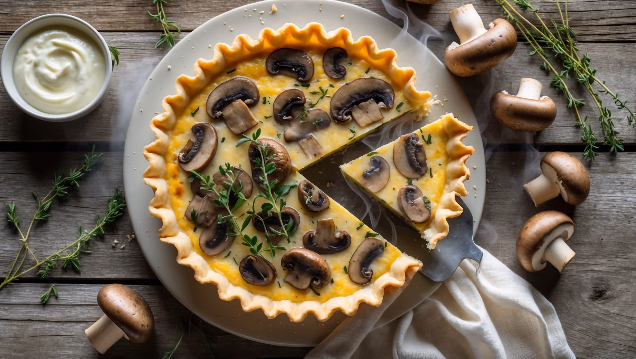 An overhead shot of a golden-brown mushroom quiche with a perfectly crimped pastry edge, photographed in soft natural light on a weathered wooden table. The cross-section reveals layers of sautéed mushrooms suspended in a creamy custard, with flecks of fresh herbs adding color contrast. Steam gently rises from the just-cut slice, highlighting the quiche's warm, inviting nature. A scattered arrangement of fresh thyme sprigs, whole mushrooms, and a small bowl of crème fraîche complete the rustic styling. The photography captures the delicate flakiness of the pastry with visible buttery layers and the rich, moist texture of the filling.