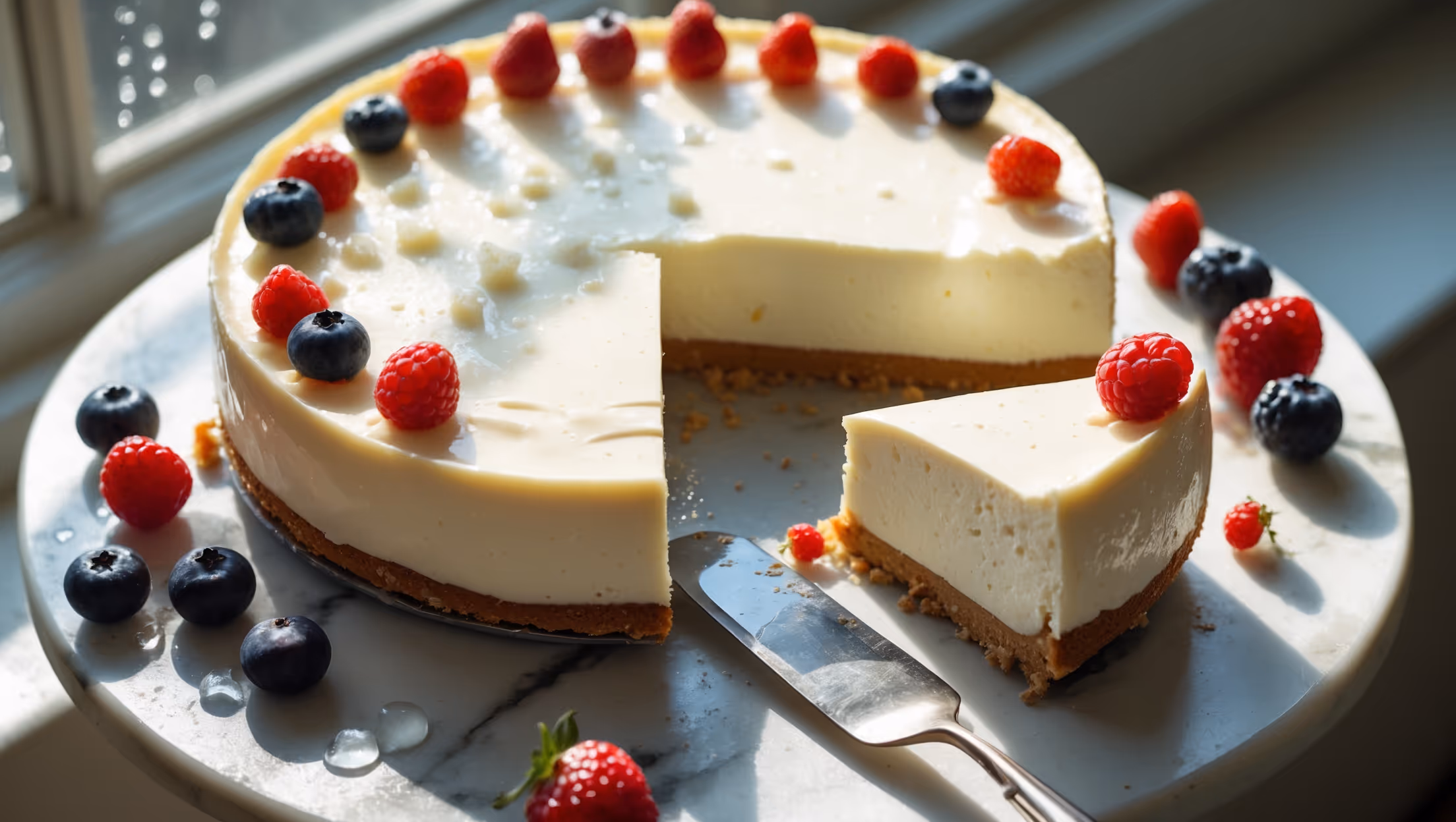 An overhead shot of a perfectly set no-bake cheesecake with a glossy, pristine surface catching soft natural light from a nearby window. A single slice has been removed, revealing the striking contrast between the golden-brown biscuit base and cloud-like cream cheese filling. The slice rests on a vintage cake server beside the main cake, which sits atop a marble cake stand. Fresh berries cascade decoratively across one corner, their vibrant colors popping against the creamy white canvas. Tiny droplets of condensation on the fruit suggest refreshing coolness, emphasizing the chilled nature of this no-bake dessert.