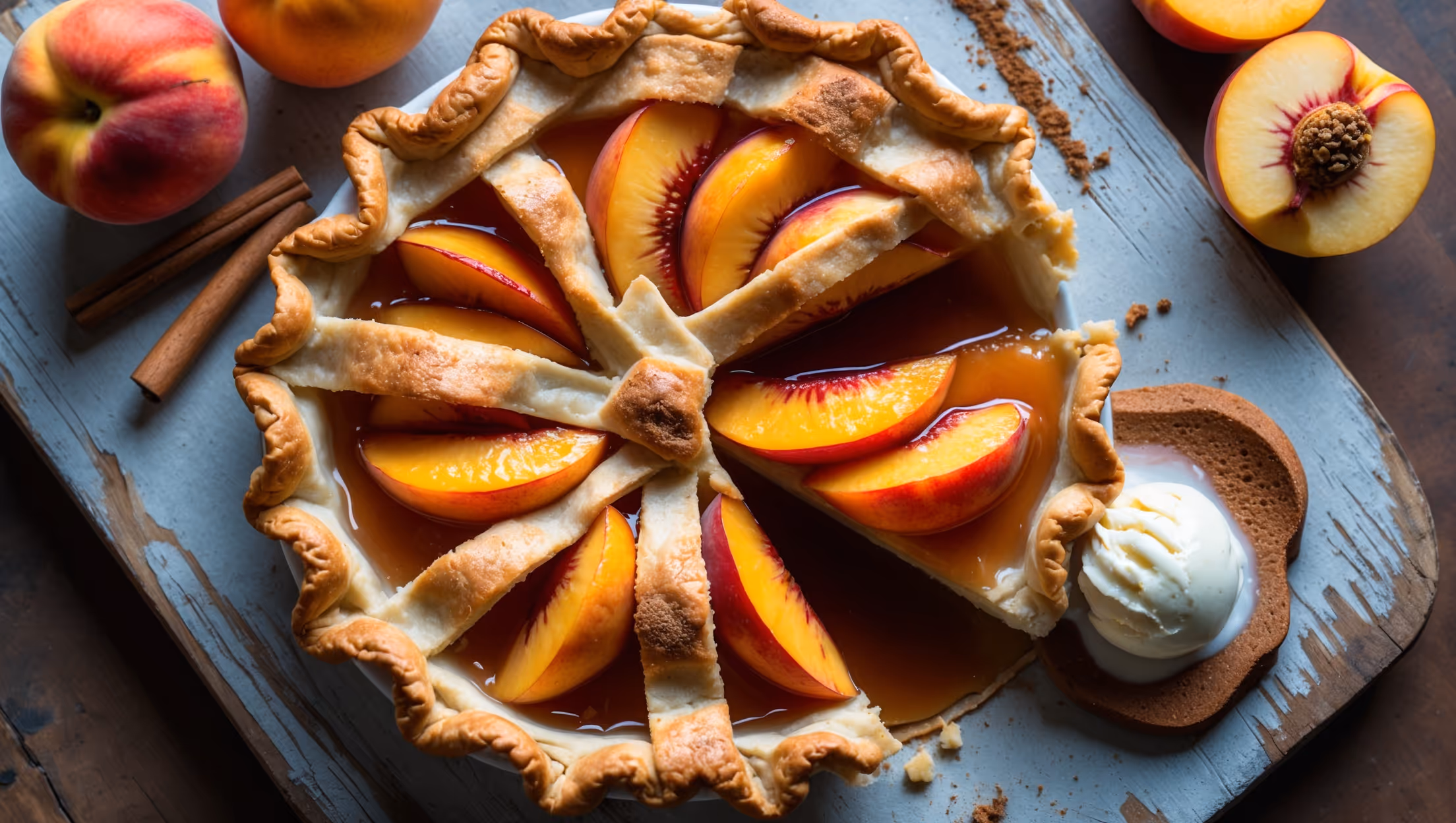 Overhead shot of a perfectly baked nectarine pie with a lattice top crust showing golden-brown edges and caramelized sugar crystals catching the soft natural light. The cross-section reveals vibrant orange-yellow nectarine slices glistening with their natural juices and spices. A small pool of amber syrup escapes from a slice being lifted away, showing the flaky layers of the all-butter crust. The pie rests on a weathered wooden serving board with fresh nectarine halves and scattered cinnamon sticks artfully arranged nearby. A scoop of vanilla ice cream slowly melts alongside one slice, creating a beautiful temperature contrast.