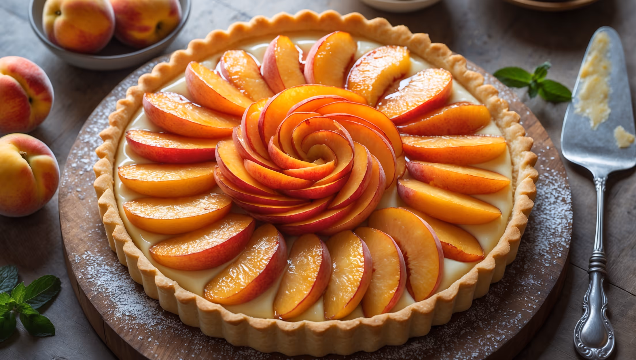 An overhead shot captures this elegant Nectarine Tart resting on a weathered wooden serving board, bathed in soft natural afternoon light. The golden-brown shortcrust pastry forms a perfect circle with fluted edges, while concentric rings of overlapping nectarine slices create a stunning rosette pattern, their yellow-orange flesh glistening with apricot glaze. Several slices show the clean-cut layers of crisp pastry and tender fruit. In the background, a small bowl of fresh nectarines, a dusting of powdered sugar on the tart's edge, and sprigs of fresh mint add complementary color. A vintage silver cake server rests alongside, ready to lift the first slice revealing the thin layer of frangipane beneath the fruit.