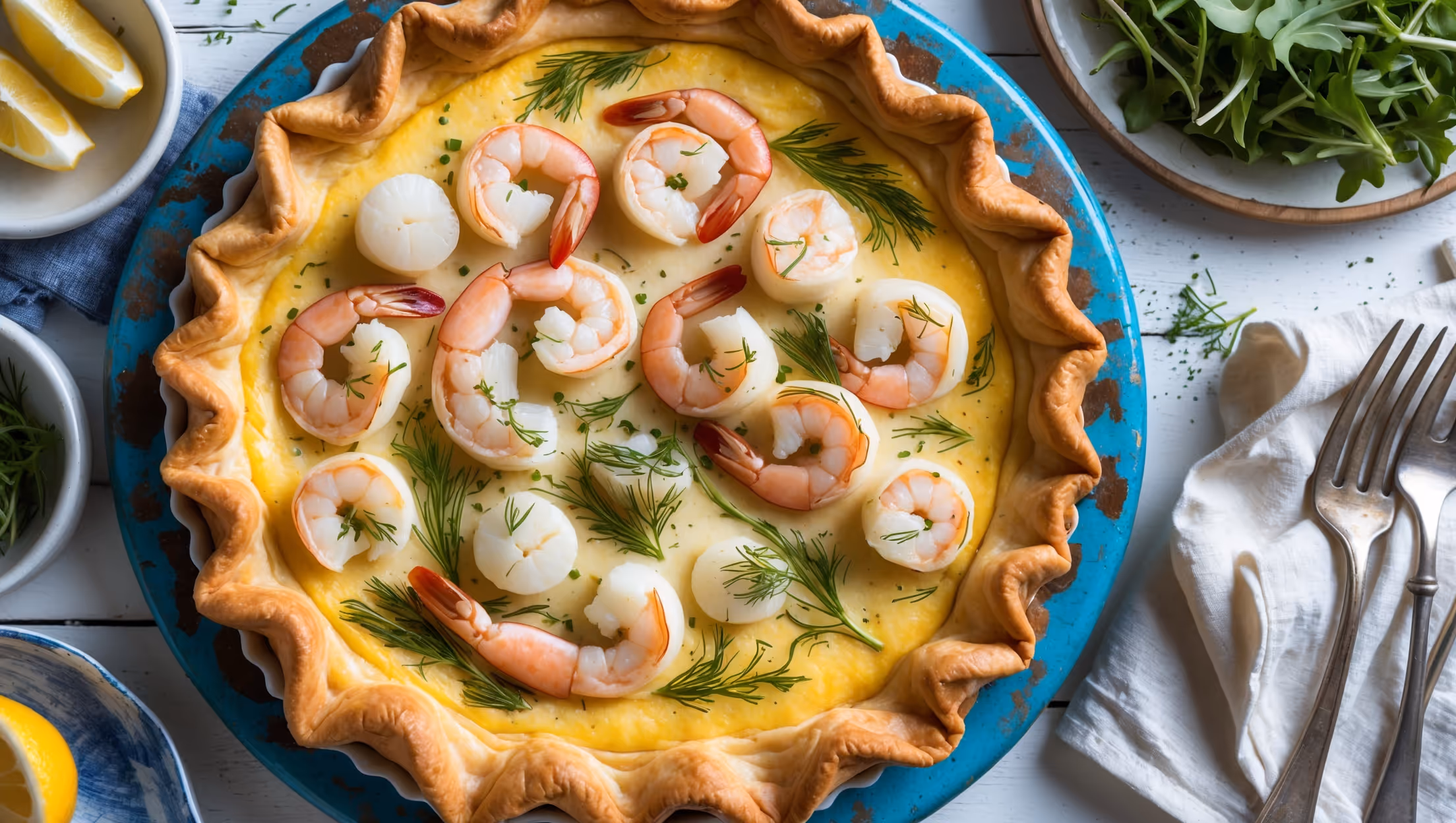 An overhead shot captures this golden-brown quiche resting on a weathered blue ceramic platter, its flaky crust crimped to perfection. Natural window light highlights the just-set, creamy filling studded with pink shrimp, tender scallops and flecks of fresh dill and chives. A cross-section reveals distinct layers: the buttery pastry base, creamy seafood-studded custard, and delicate golden top. Small bowls of lemon wedges and a simple arugula salad dressed with vinaigrette sit alongside, while scattered fresh herbs and a sprinkle of sea salt add texture and dimension. The scene is completed by nautical-inspired linen napkins and vintage silverware on a white-washed wooden table, evoking a New England seaside brunch.