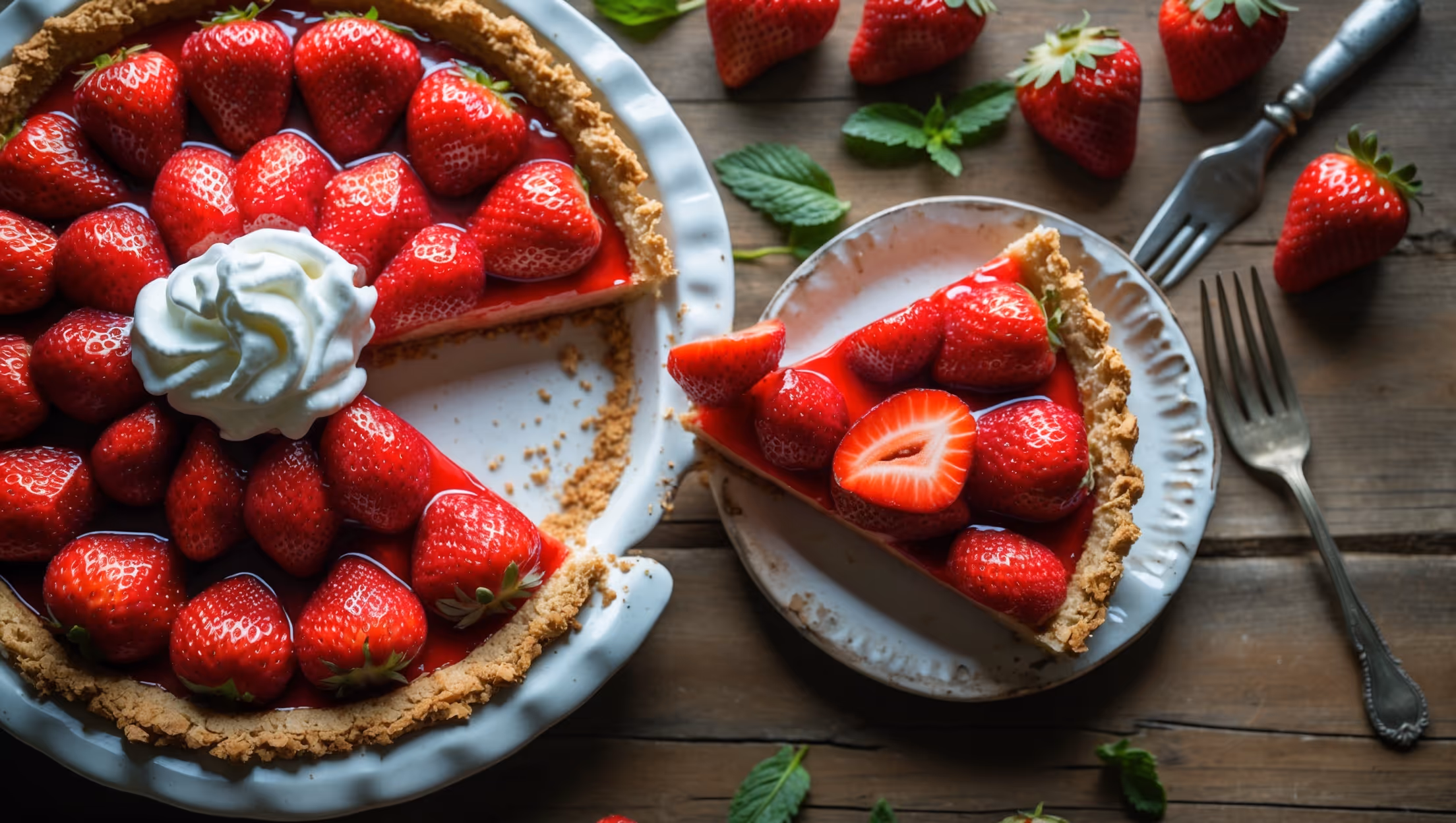 An overhead shot of a slice being pulled from a No-Bake Fresh Strawberry Pie, revealing the brilliant red glazed strawberries arranged in concentric circles atop a golden graham cracker crust. Natural window light catches the glossy strawberry glaze, highlighting its jewel-like sheen. The slice sits on a vintage white ceramic plate beside a small silver dessert fork, with a scattered handful of fresh strawberries and mint leaves decorating the rustic wooden table beneath. A dollop of freshly whipped cream adorns the slice, slowly melting at the edges, emphasizing the pie's chilled, refreshing nature.