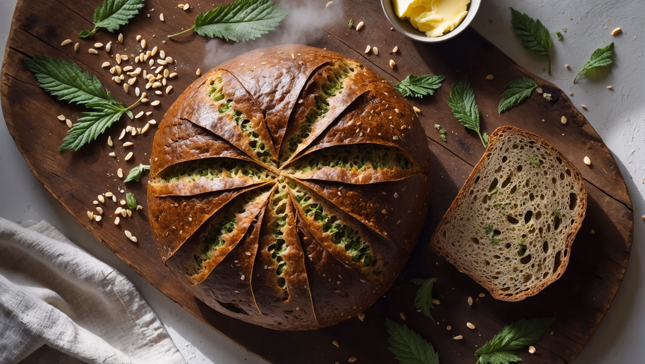 An overhead shot of a rustic round nettle whole grain loaf with a deep brown crust scored in a distinctive cross pattern, sitting on a weathered wooden board. A cross-section reveals the bread's moist, medium-dense crumb flecked with vibrant green nettle specks throughout. Soft natural window light highlights the bread's textural elements while casting gentle shadows that emphasize its artisanal qualities. Scattered around the base are dried nettle leaves and a sprinkle of whole grains, with a linen towel partially visible and a small pot of golden butter nearby. Steam appears to rise subtly from a freshly cut slice, suggesting the bread's warmth and inviting aroma.
