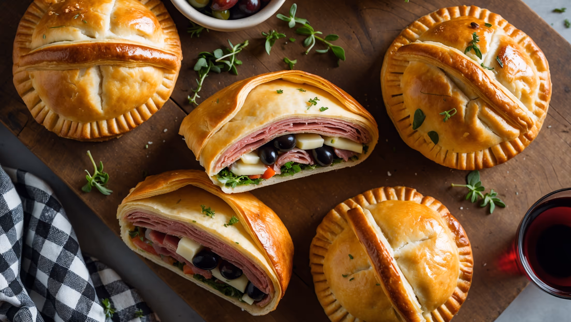 An overhead shot of golden-brown, perfectly baked muffuletta hand pies arranged on a rustic wooden board, with one pie broken open to reveal the colorful layers of Italian meats, cheeses, and olive salad inside. The flaky pastry glistens under soft natural light, highlighting its buttery layers, while scattered fresh herbs and a small bowl of extra olive salad create visual interest. A checkered cloth napkin and small glass of red wine in the corner suggest a casual New Orleans-inspired picnic setting, with tiny flecks of oregano visible on the pies' surfaces.